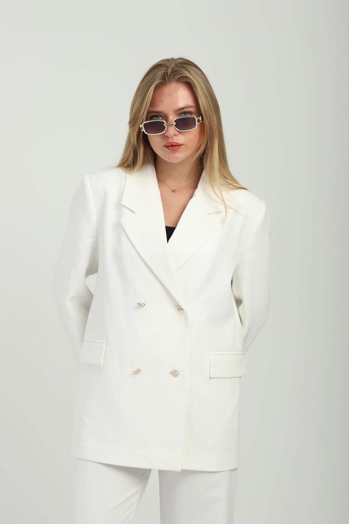 Double Breasted Button Detail Suit - White - Milamia