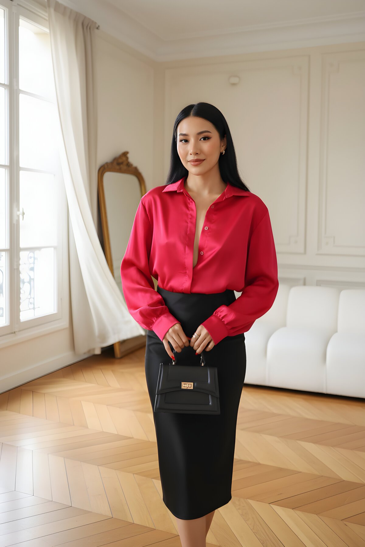 قميص كلاسيكي عنابي بياقة ساتان - Milamia