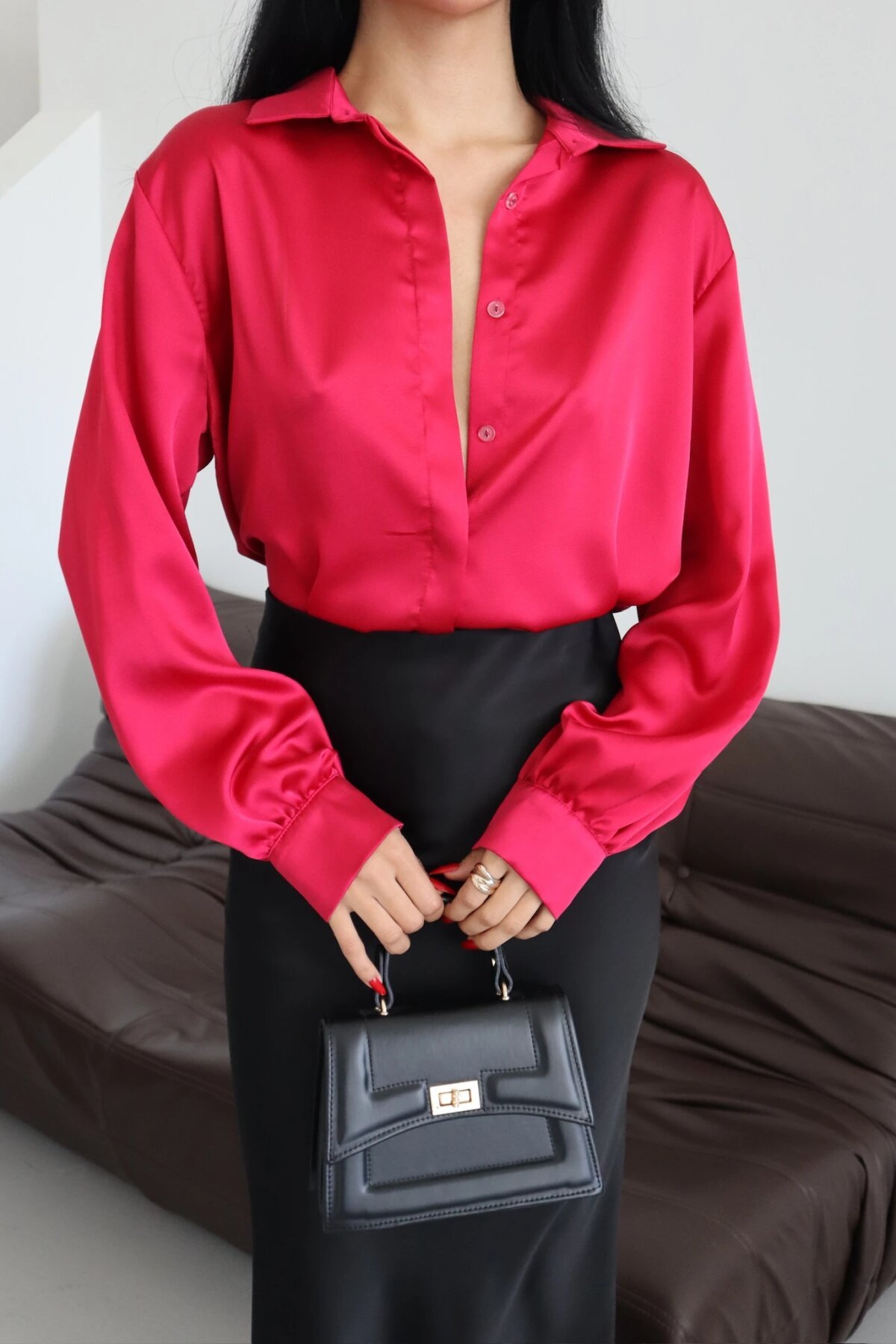 Classic Plain Satin-Collar Shirt - Burgundy - Milamia