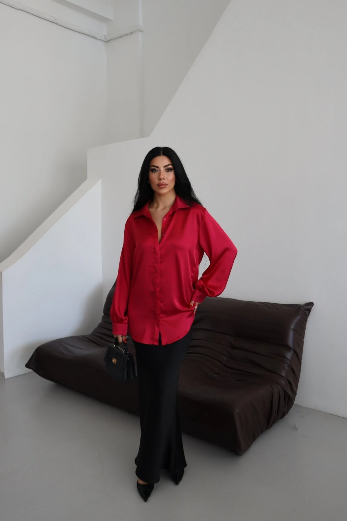 Classic Plain Satin-Collar Shirt - Burgundy - Milamia