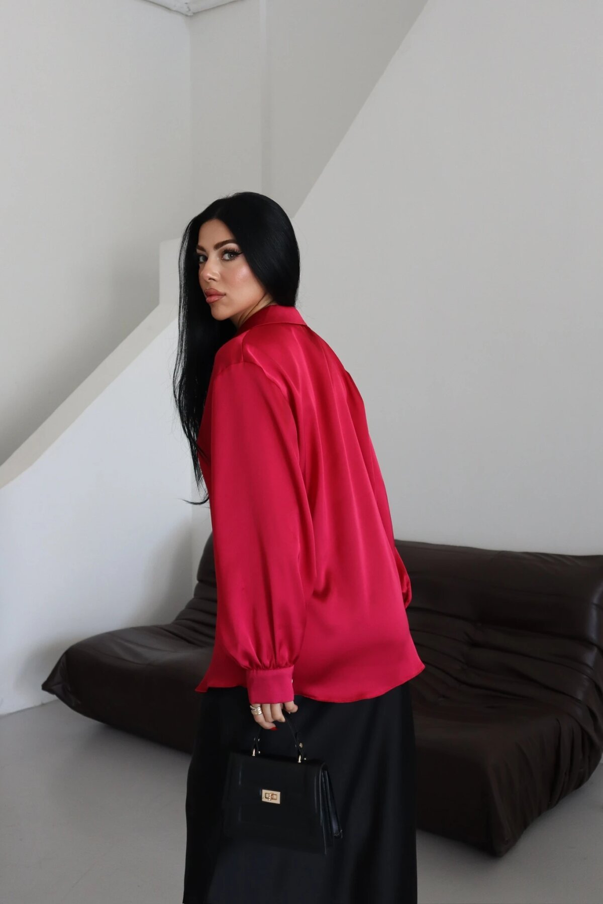 Classic Plain Satin-Collar Shirt - Burgundy - Milamia