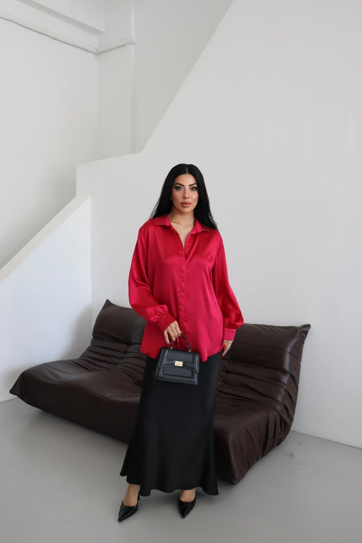 Classic Plain Satin-Collar Shirt - Burgundy - Milamia