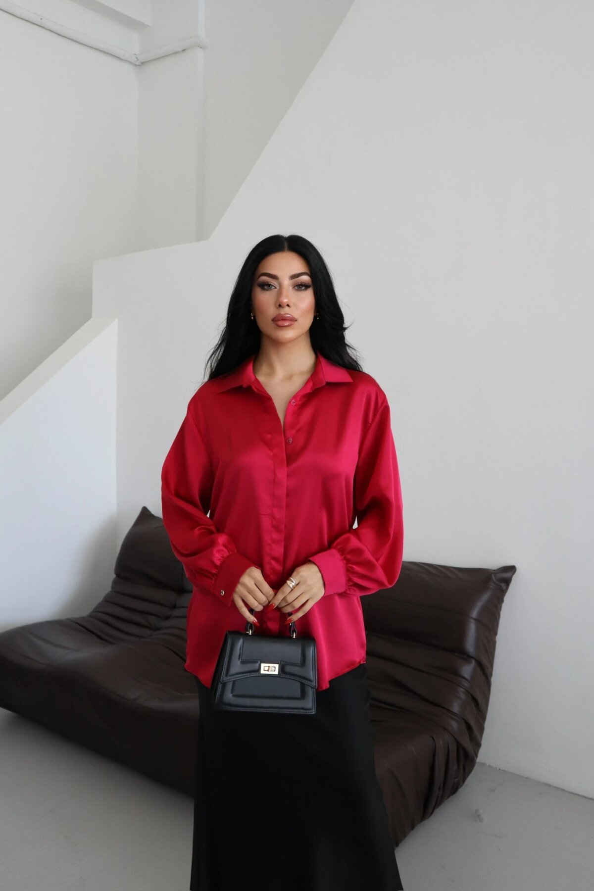 Classic Plain Satin-Collar Shirt - Burgundy - Milamia