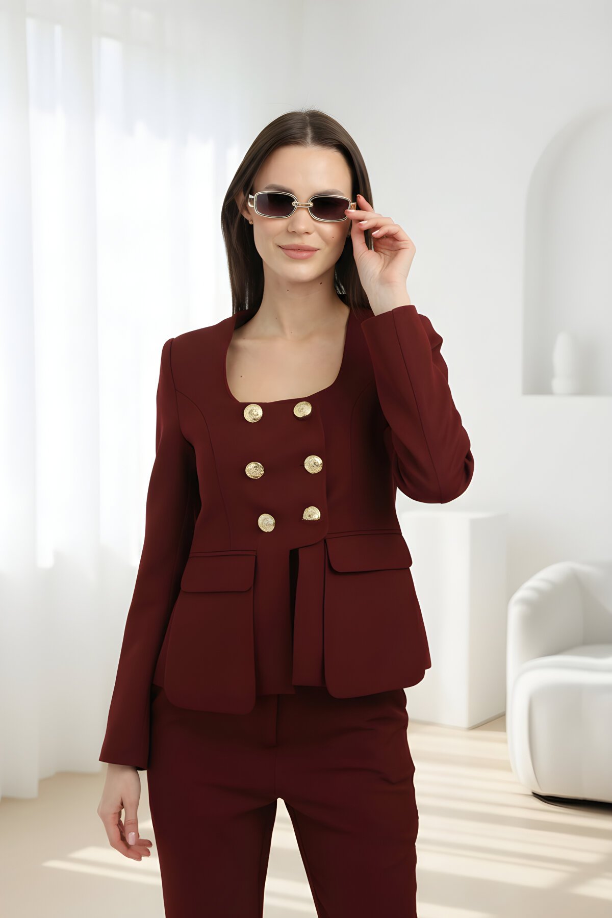 Two-piece Gold-Buttoned Set - Burgundy - Milamia