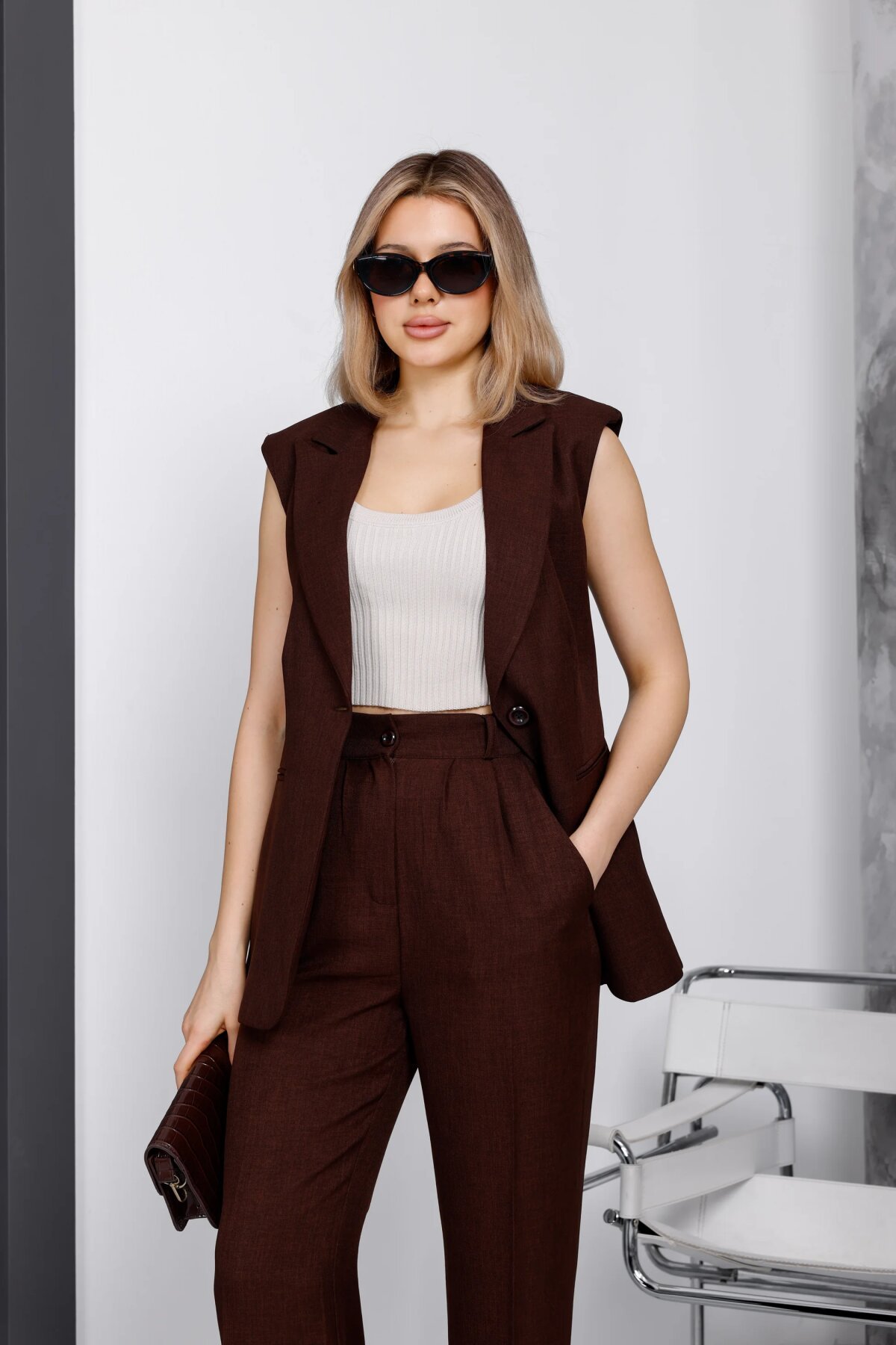 Two-Piece Vest Dress Set - Burgundy - Milamia