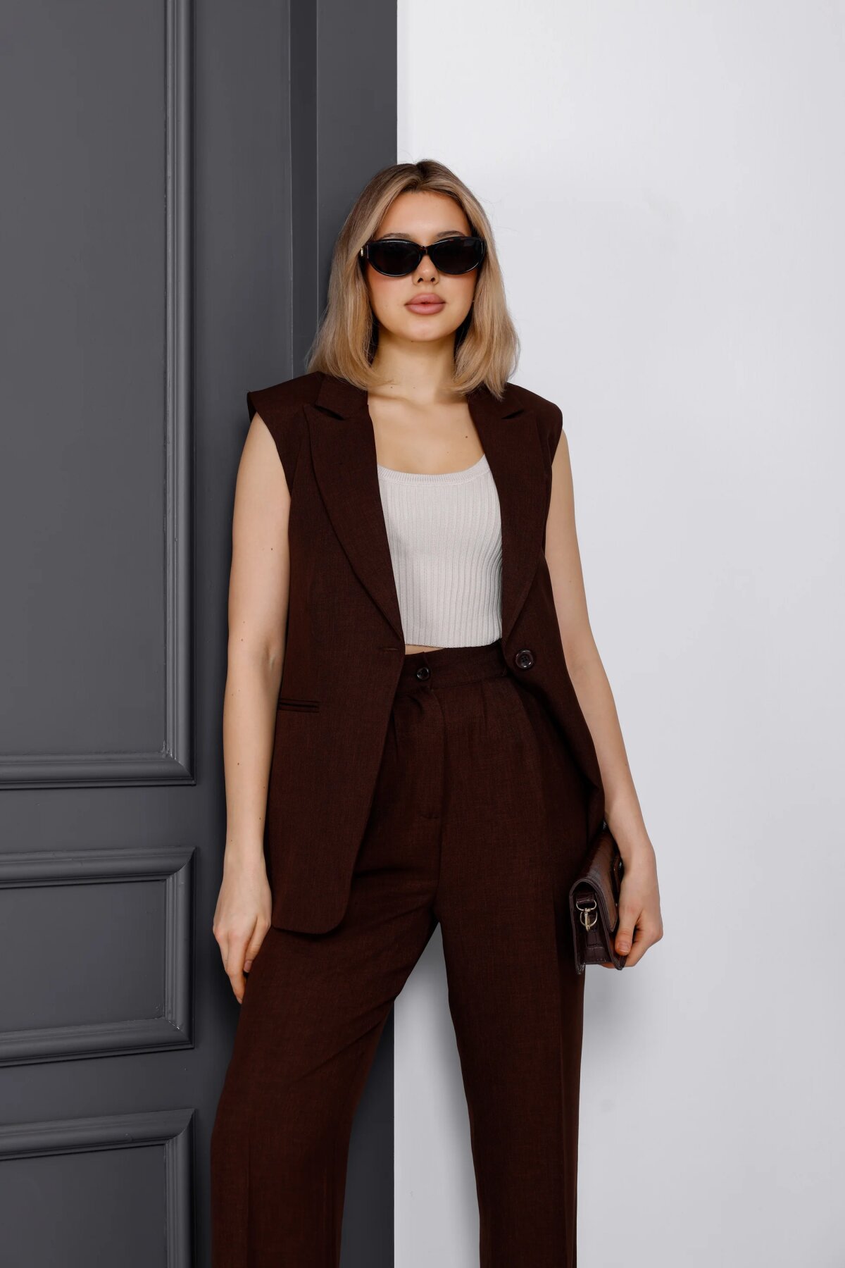 Two-Piece Vest Dress Set - Burgundy - Milamia
