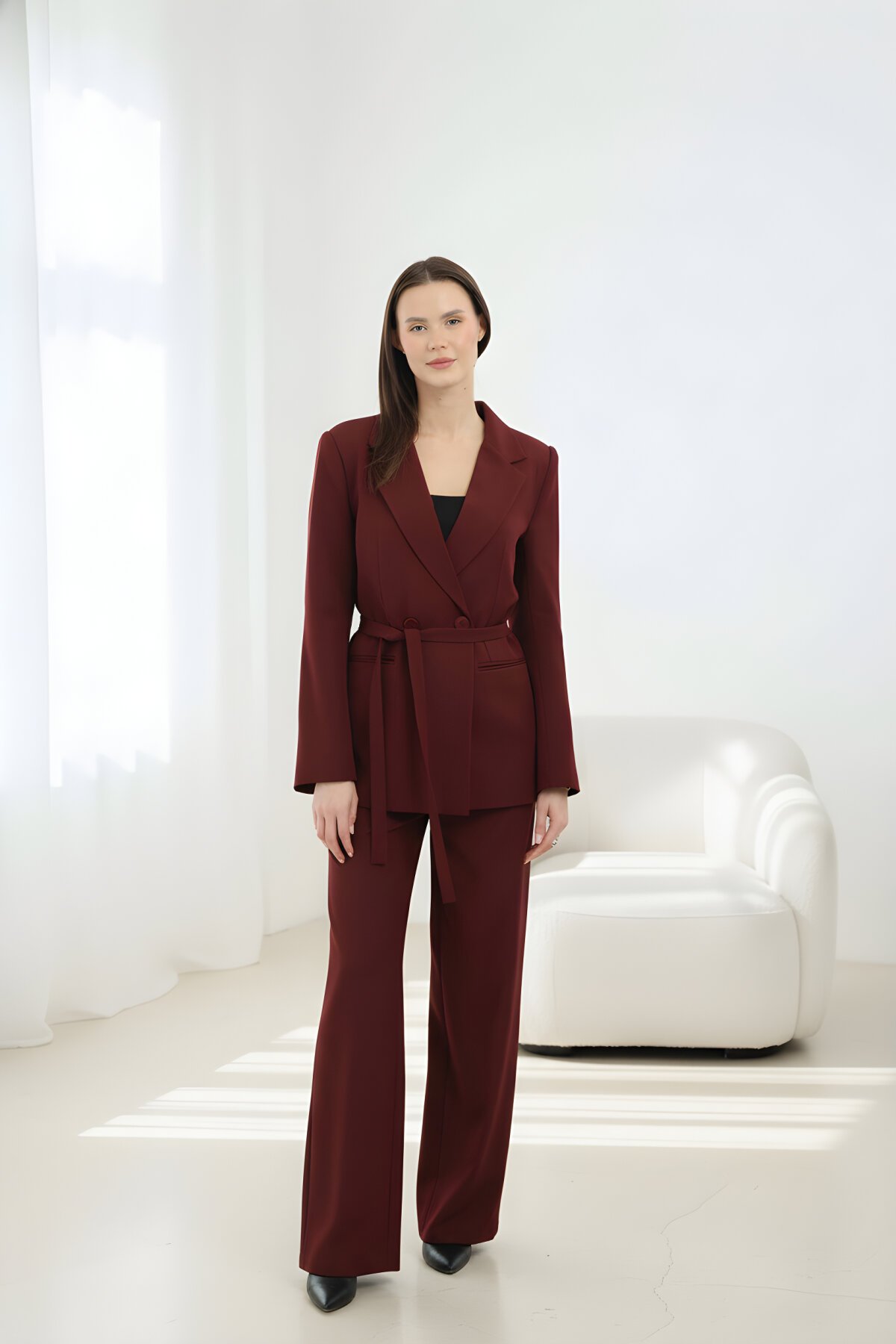 Wrap Waist-Tie Jacket - Burgundy - Milamia