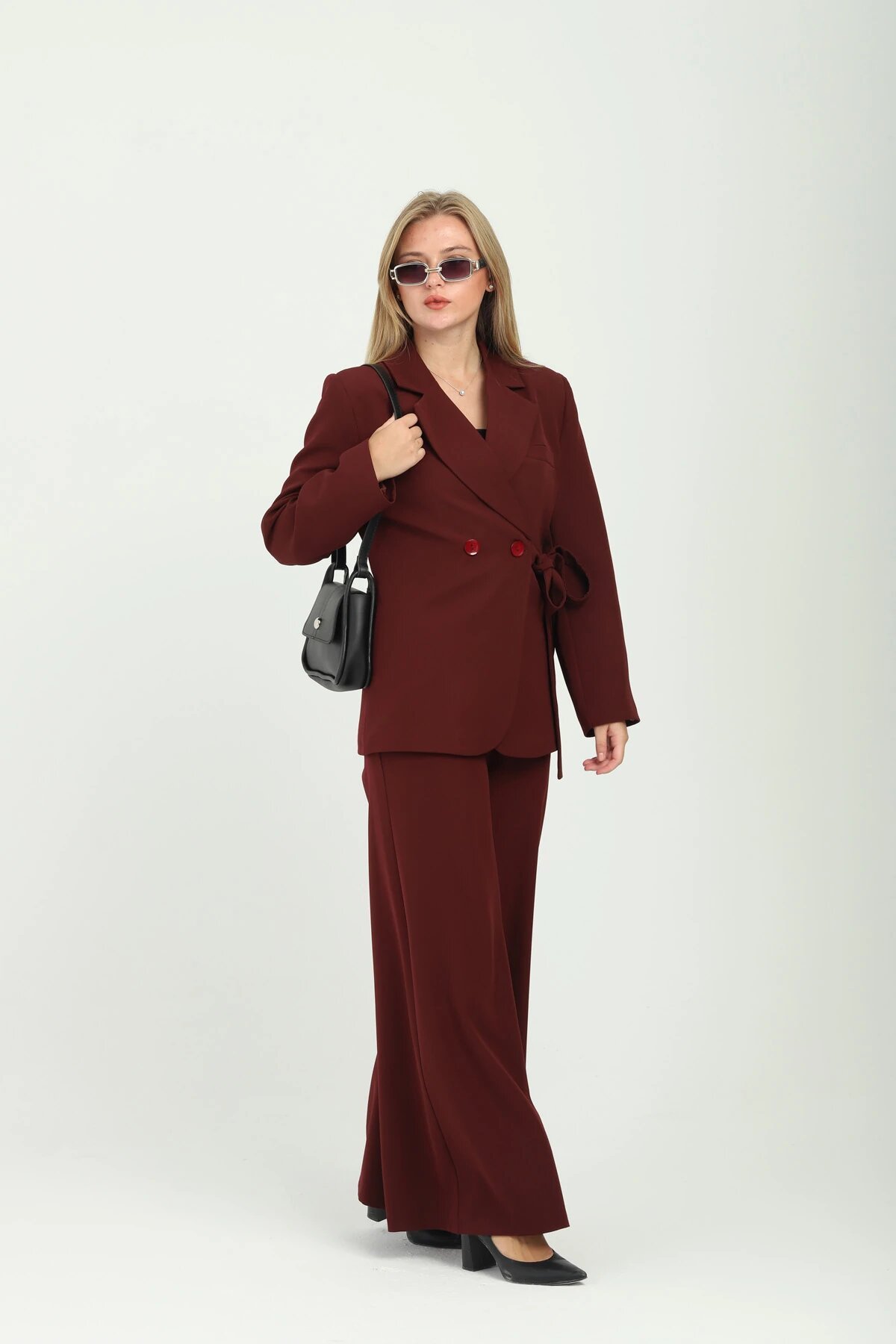 Double-Breasted Side-Tie Set - Burgundy - Milamia