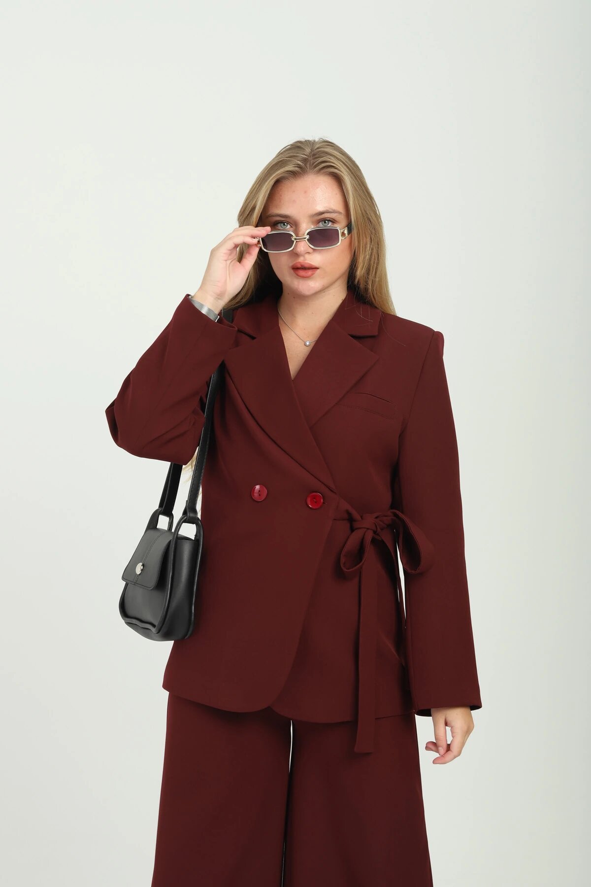 Double-Breasted Side-Tie Set - Burgundy - Milamia