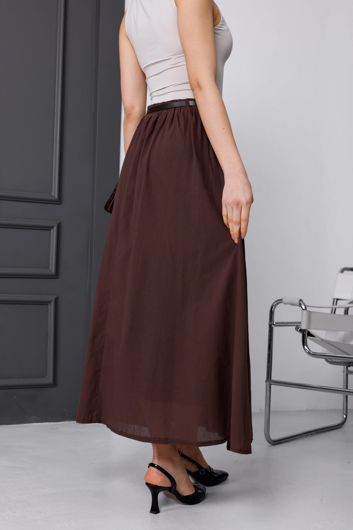 Long Voile Linen Belted Lined Skirt - Burgundy - Milamia