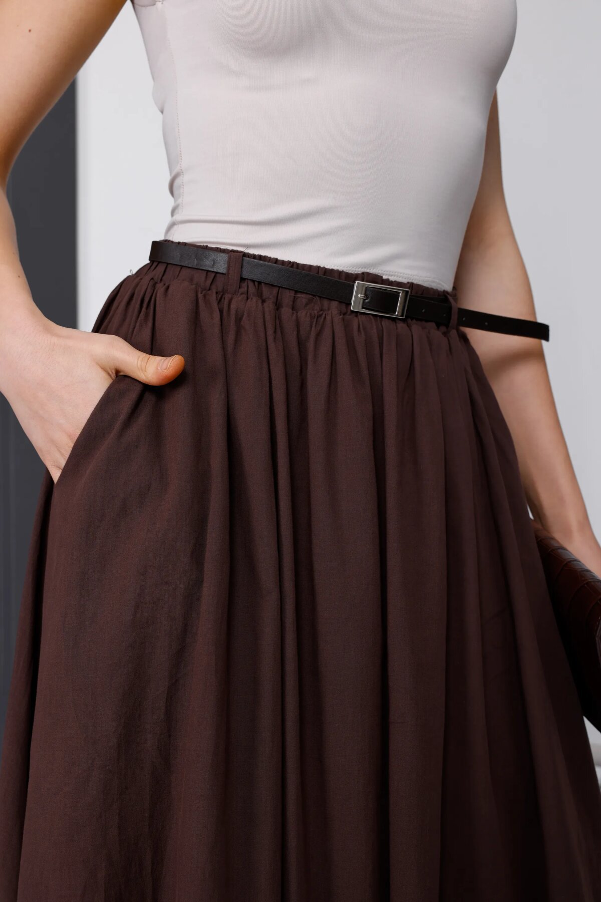 Long Voile Linen Belted Lined Skirt - Burgundy - Milamia