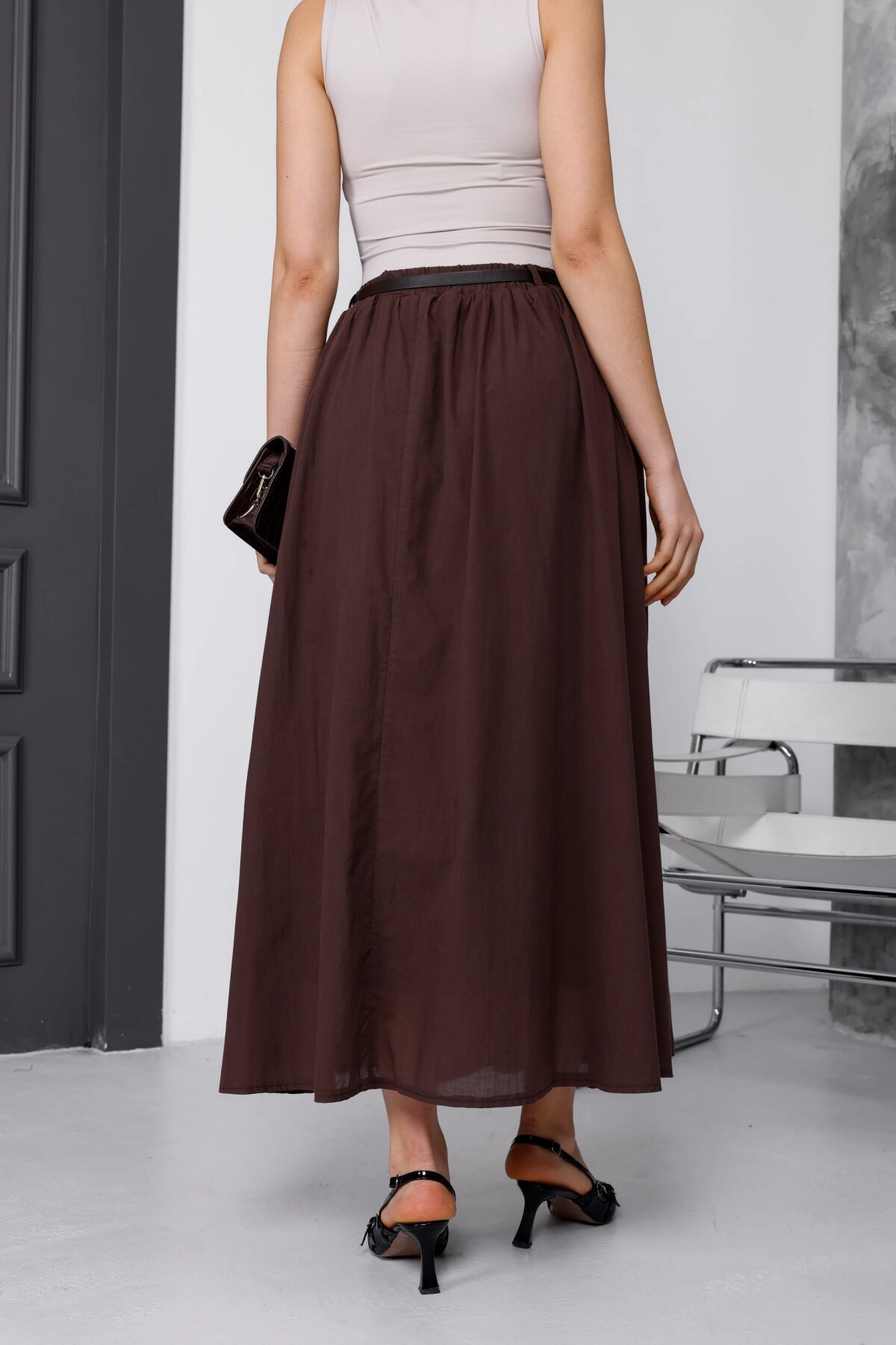 Long Voile Linen Belted Lined Skirt - Burgundy - Milamia