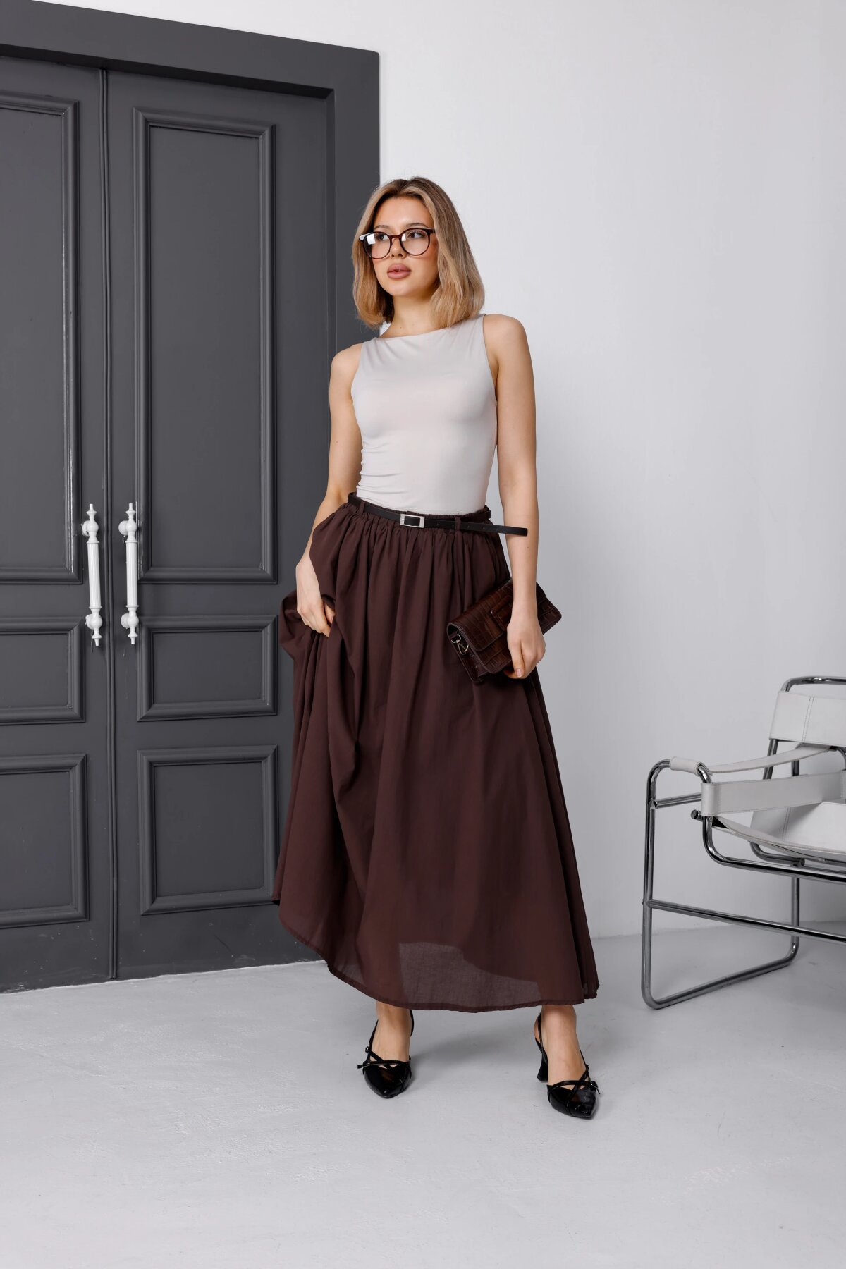 Long Voile Linen Belted Lined Skirt - Burgundy - Milamia
