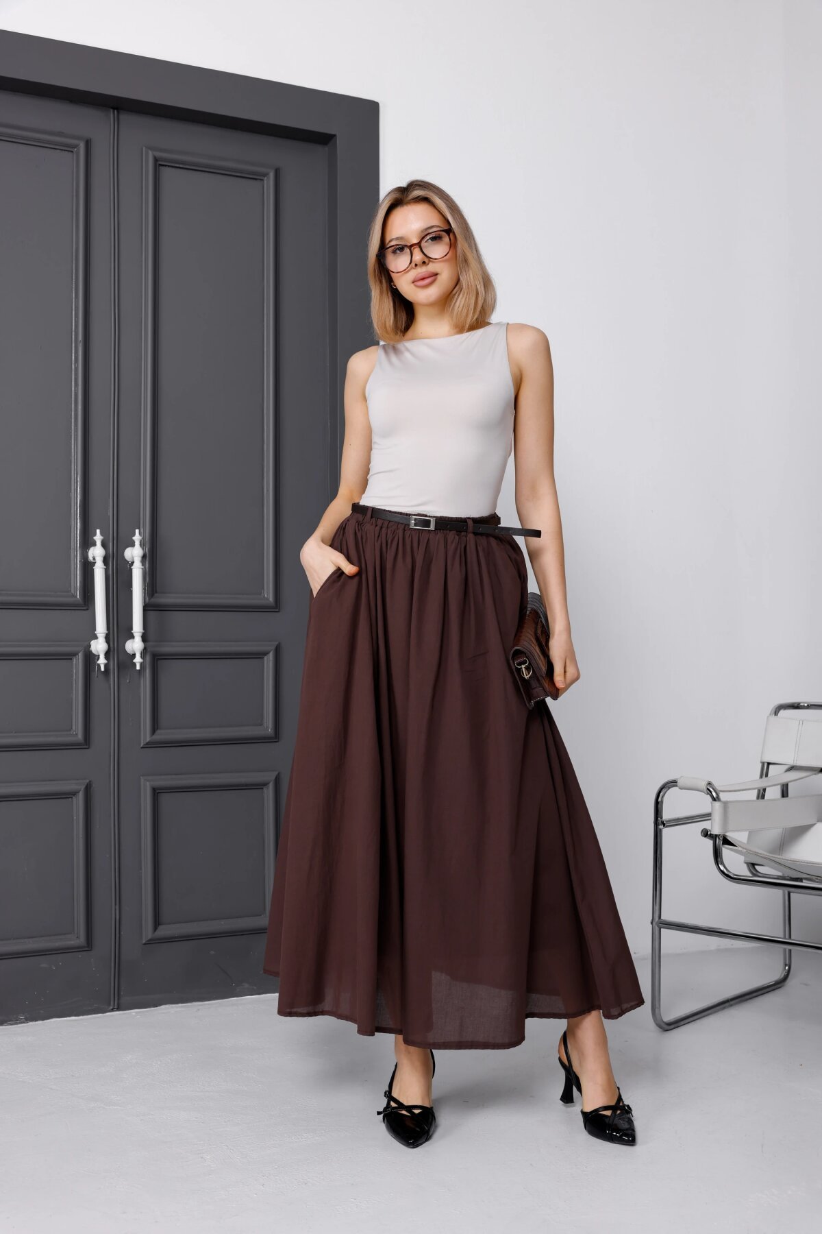 Long Voile Linen Belted Lined Skirt - Burgundy - Milamia