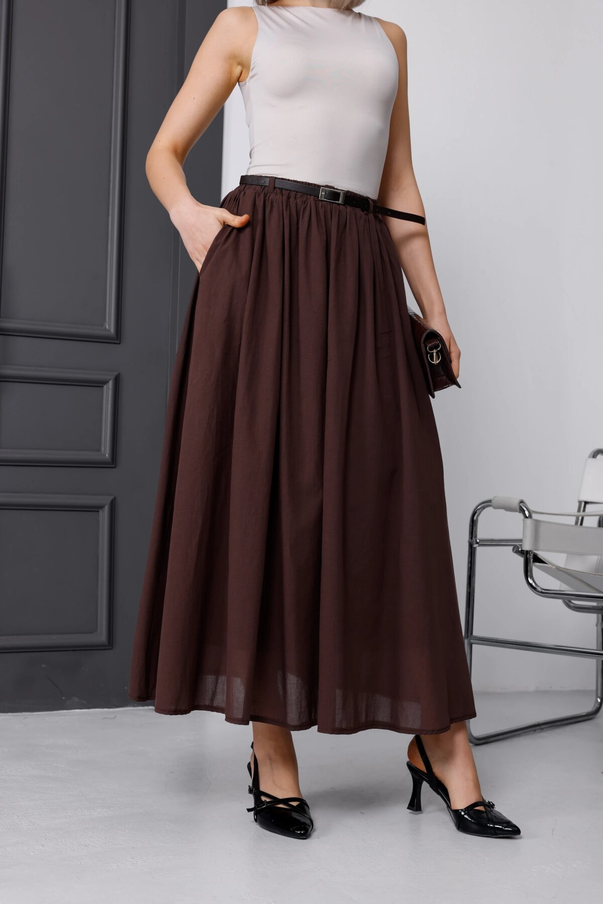 Long Voile Linen Belted Lined Skirt - Burgundy - Milamia