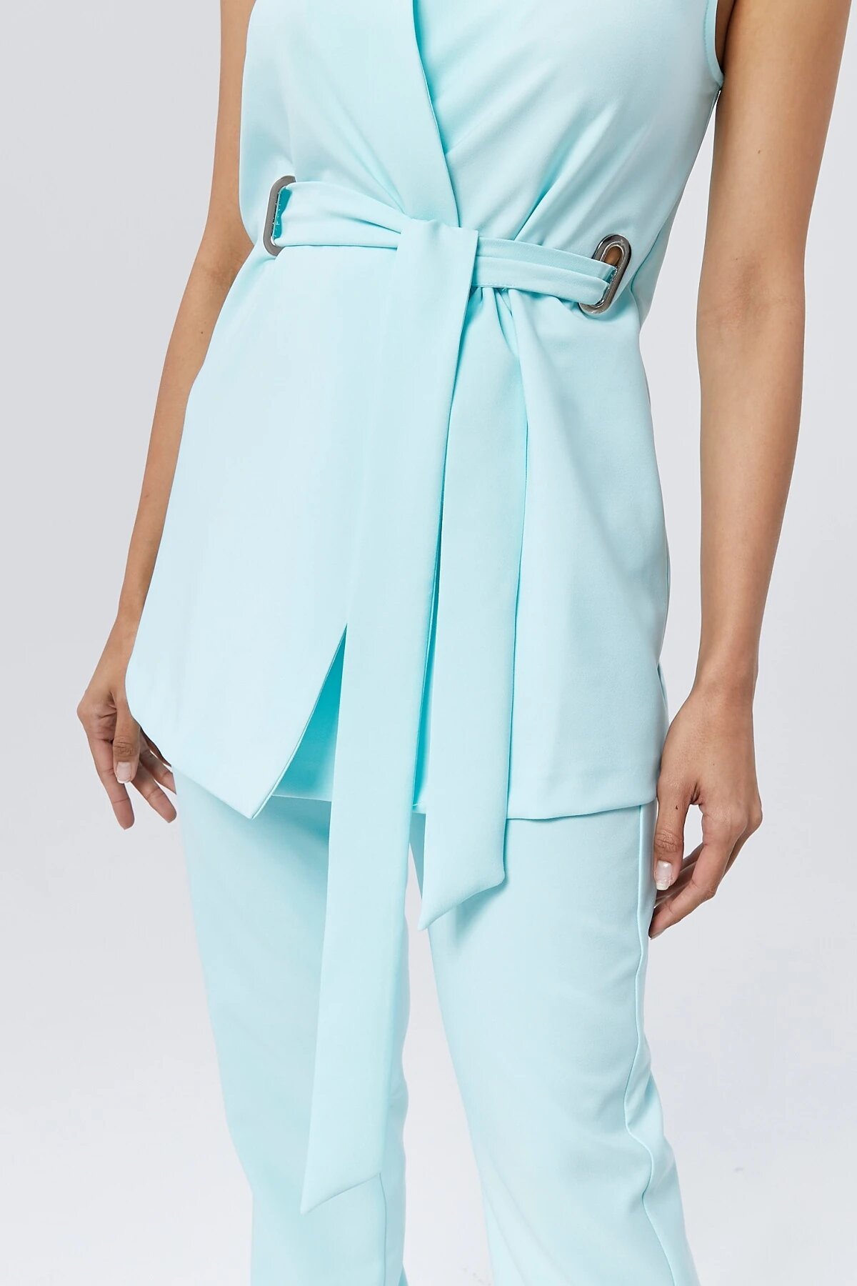 Double Buckled Belted Vest Trousers Set - Ice Blue - Milamia
