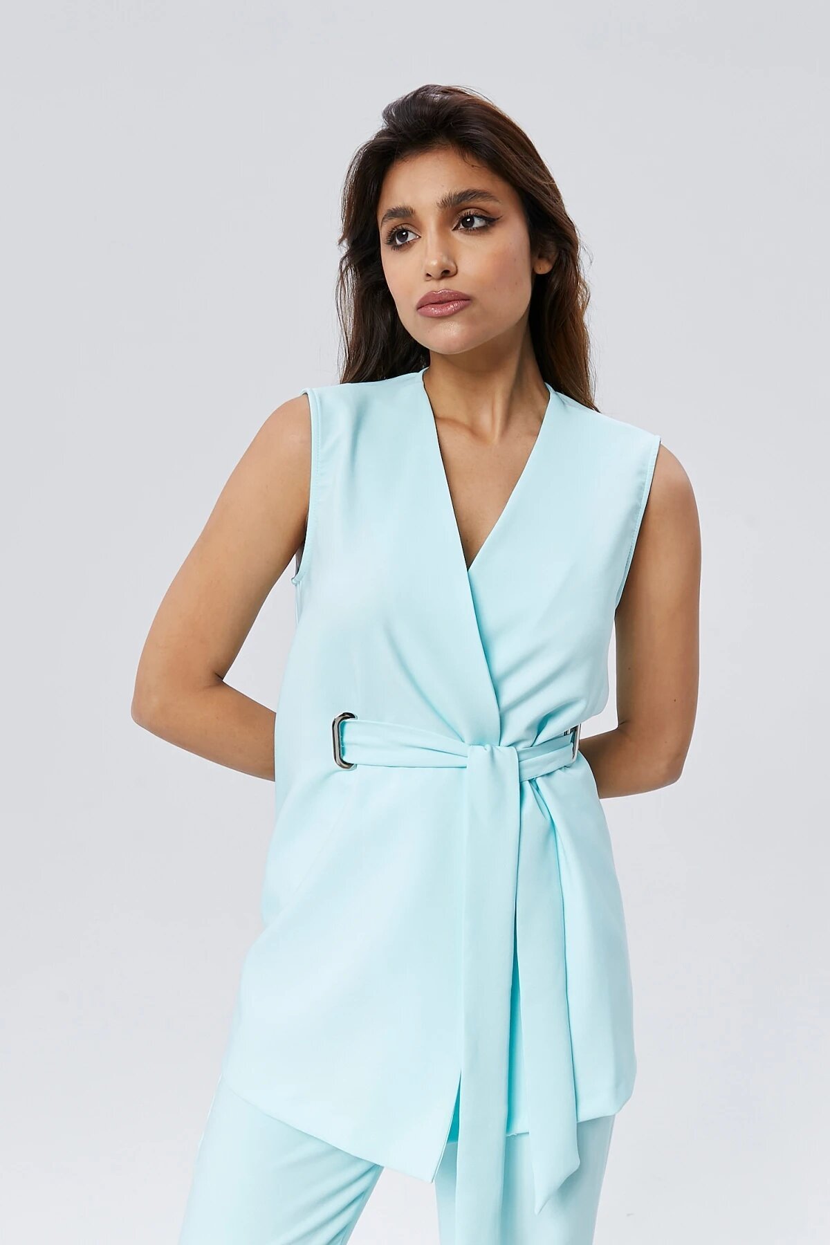 Double Buckled Belted Vest Trousers Set - Ice Blue - Milamia