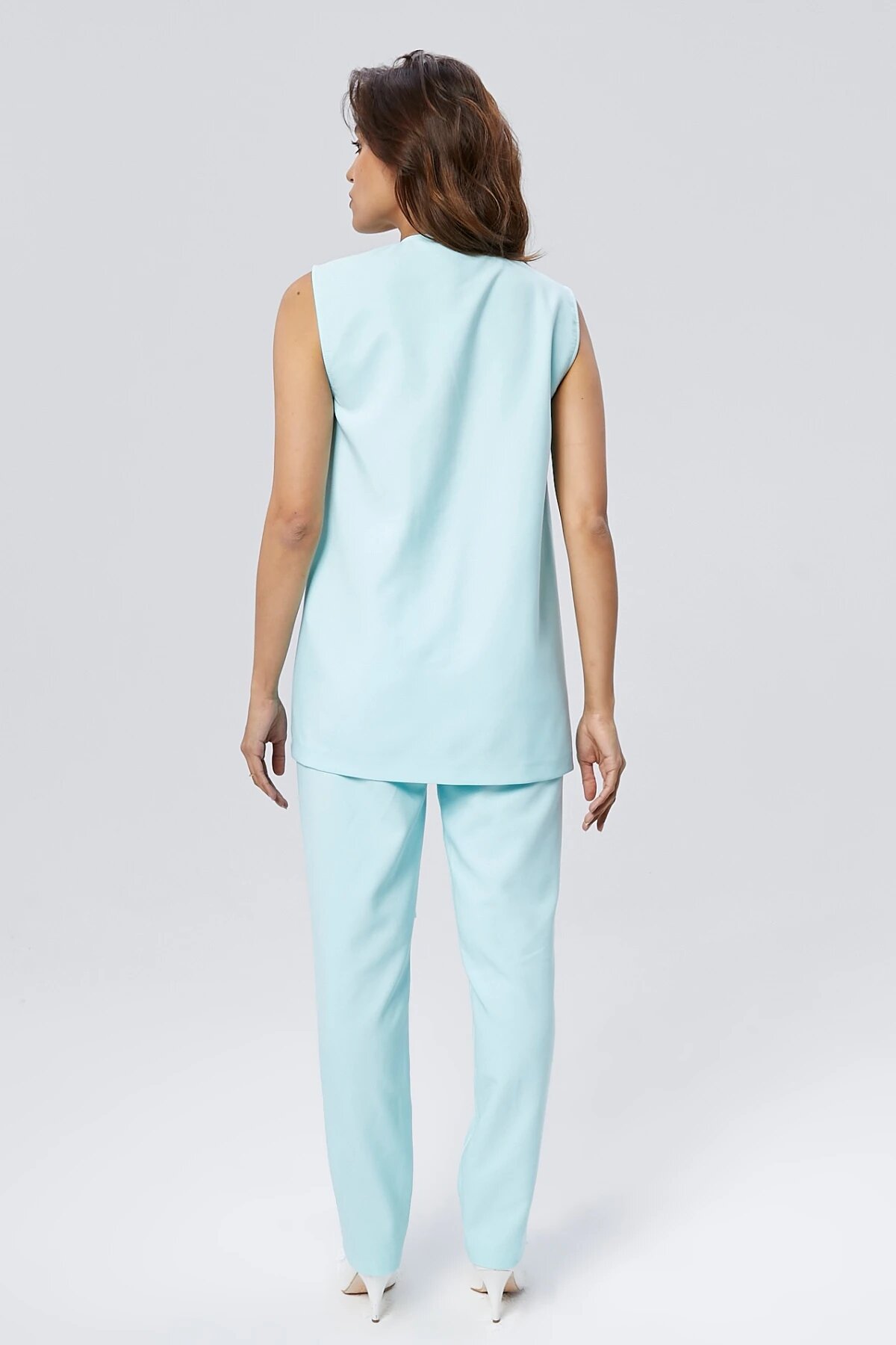 Double Buckled Belted Vest Trousers Set - Ice Blue - Milamia
