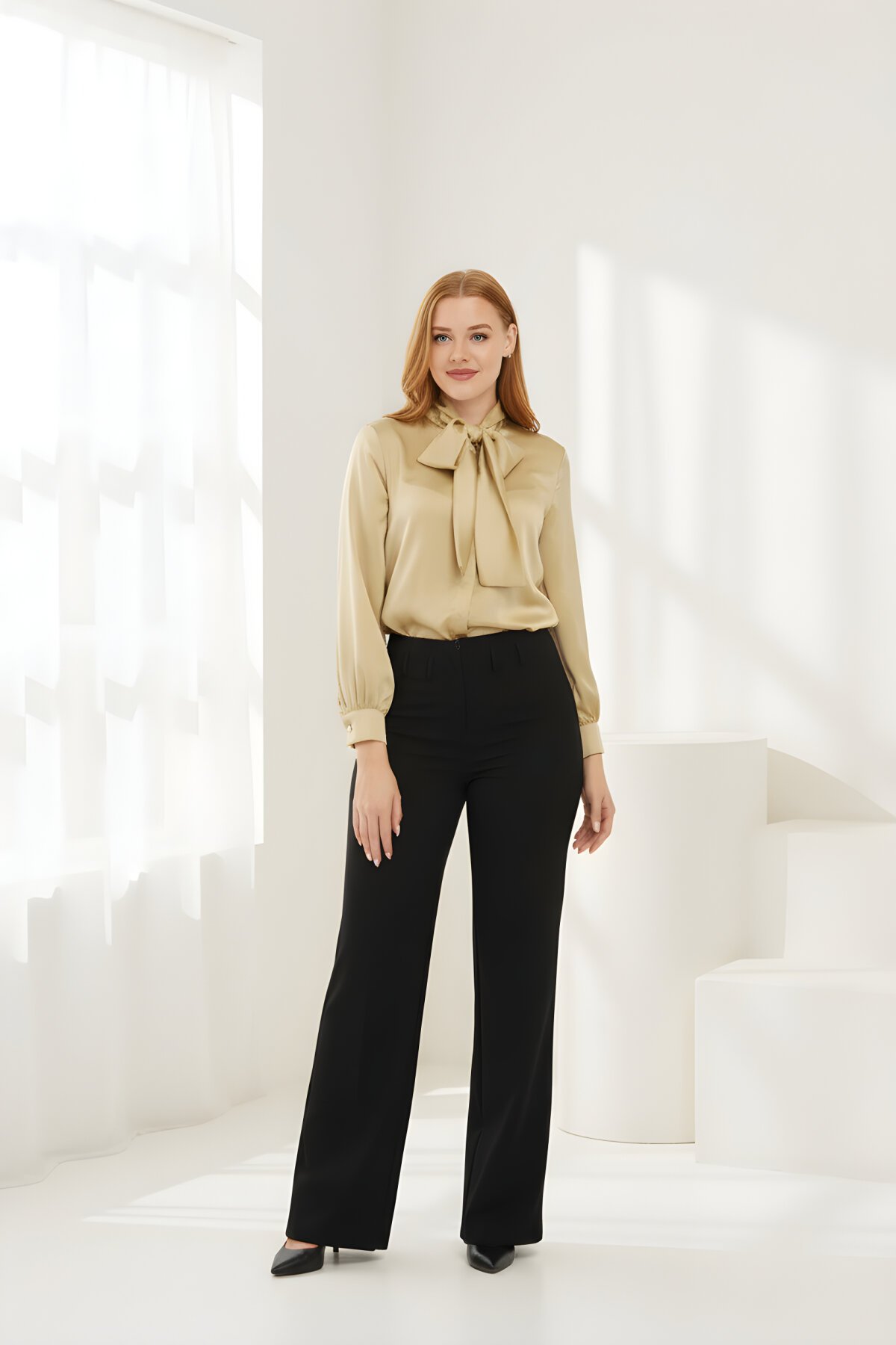 Classic Plain Satin Bow-detailed Shirt - Gold - Milamia