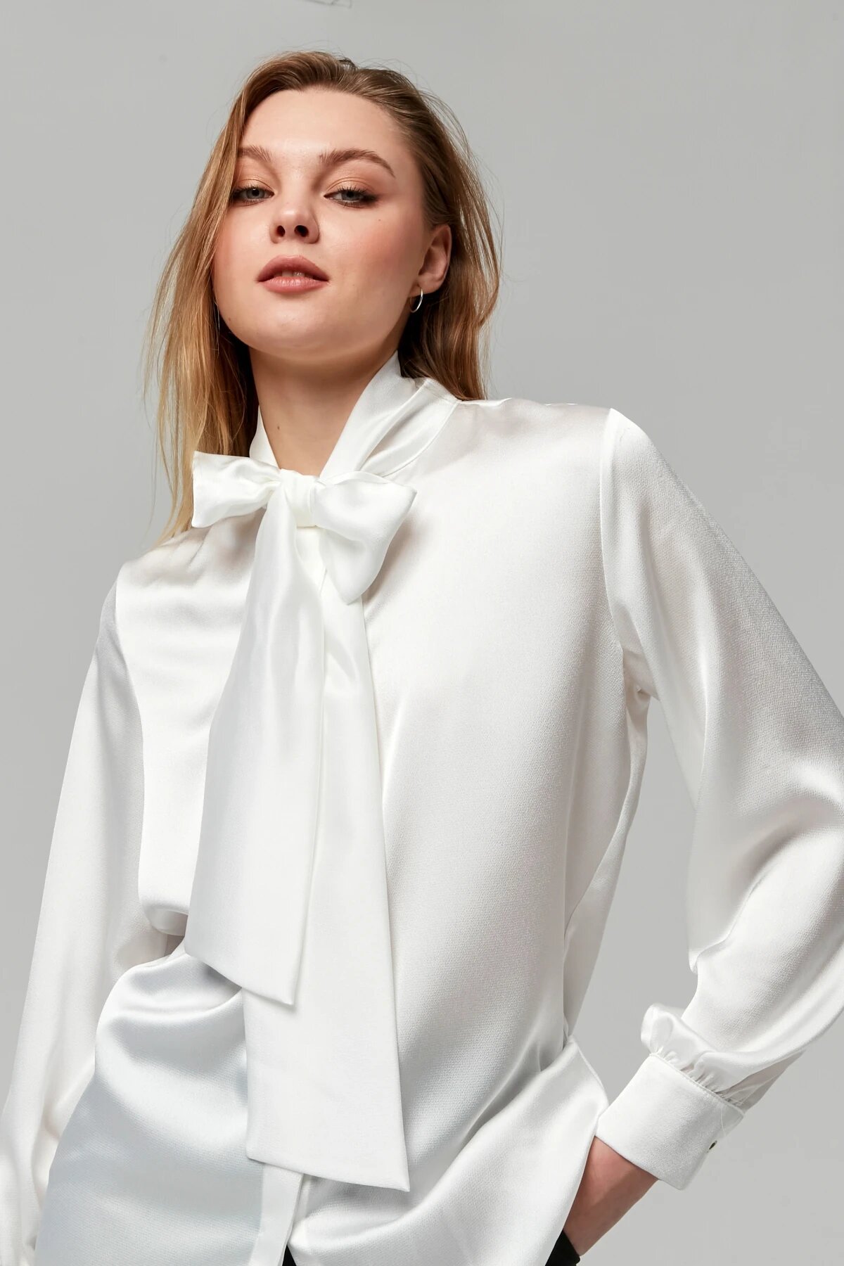 Classic Satin Bow Shirt - Ecru - Milamia