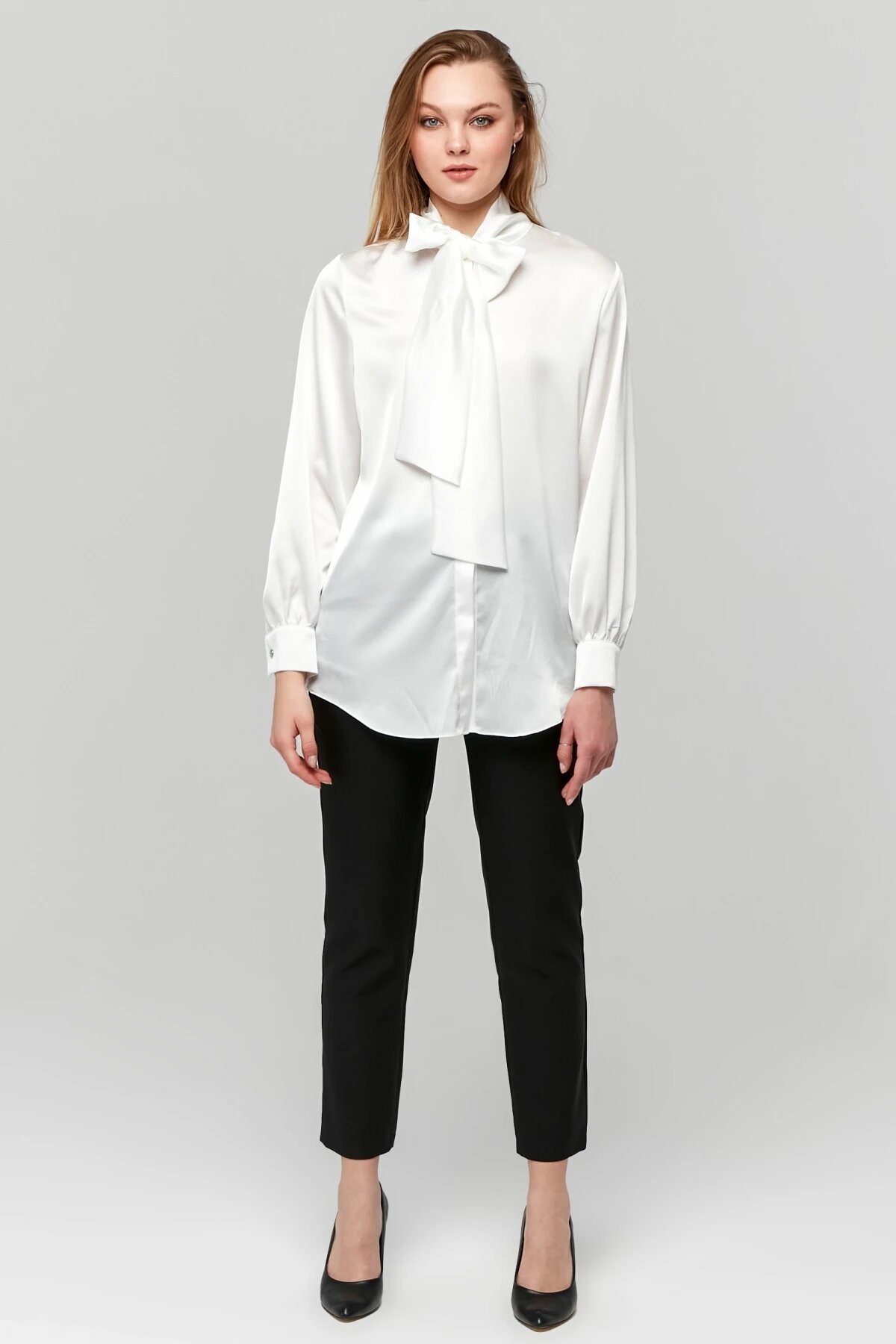 Classic Satin Bow Shirt - Ecru - Milamia