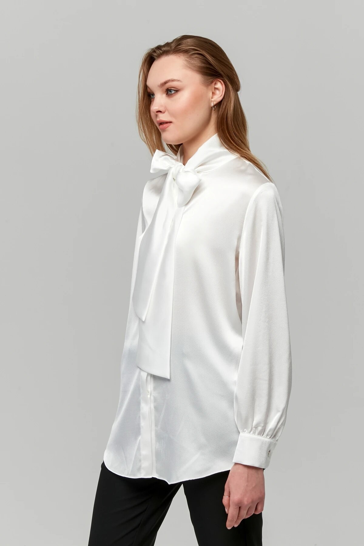 Classic Satin Bow Shirt - Ecru - Milamia