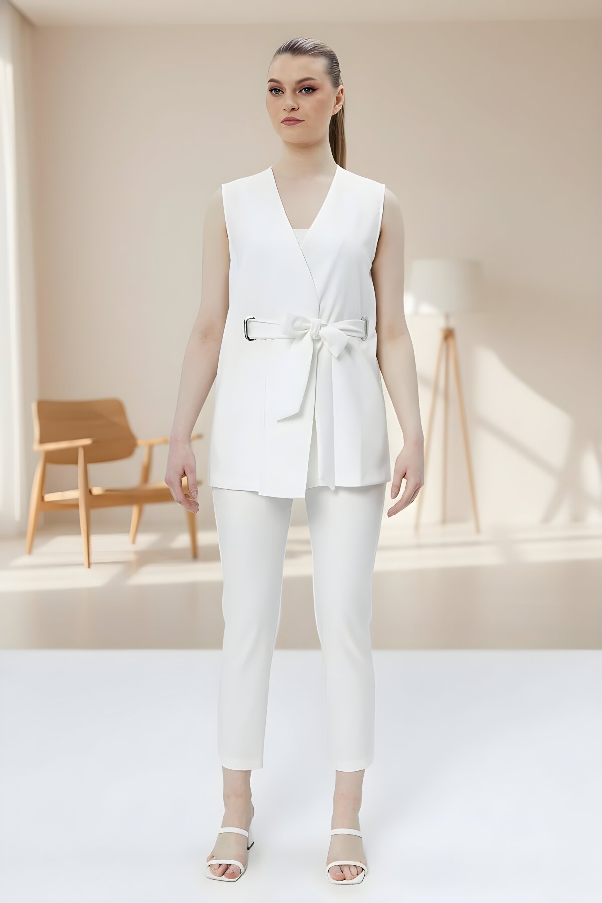 Buckled Belted Vest Pants Two-Piece Set - Ecru - Milamia