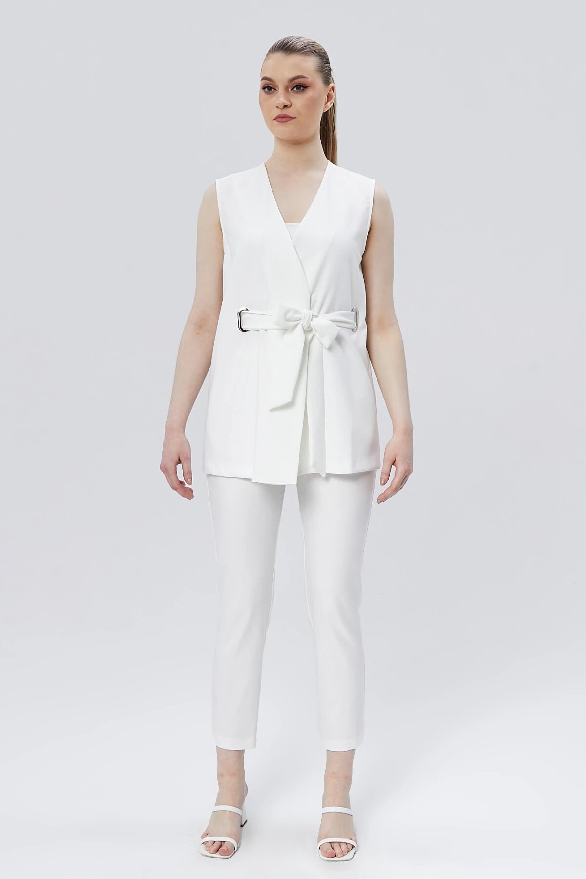 Buckled Belted Vest Pants Two-Piece Set - Ecru - Milamia