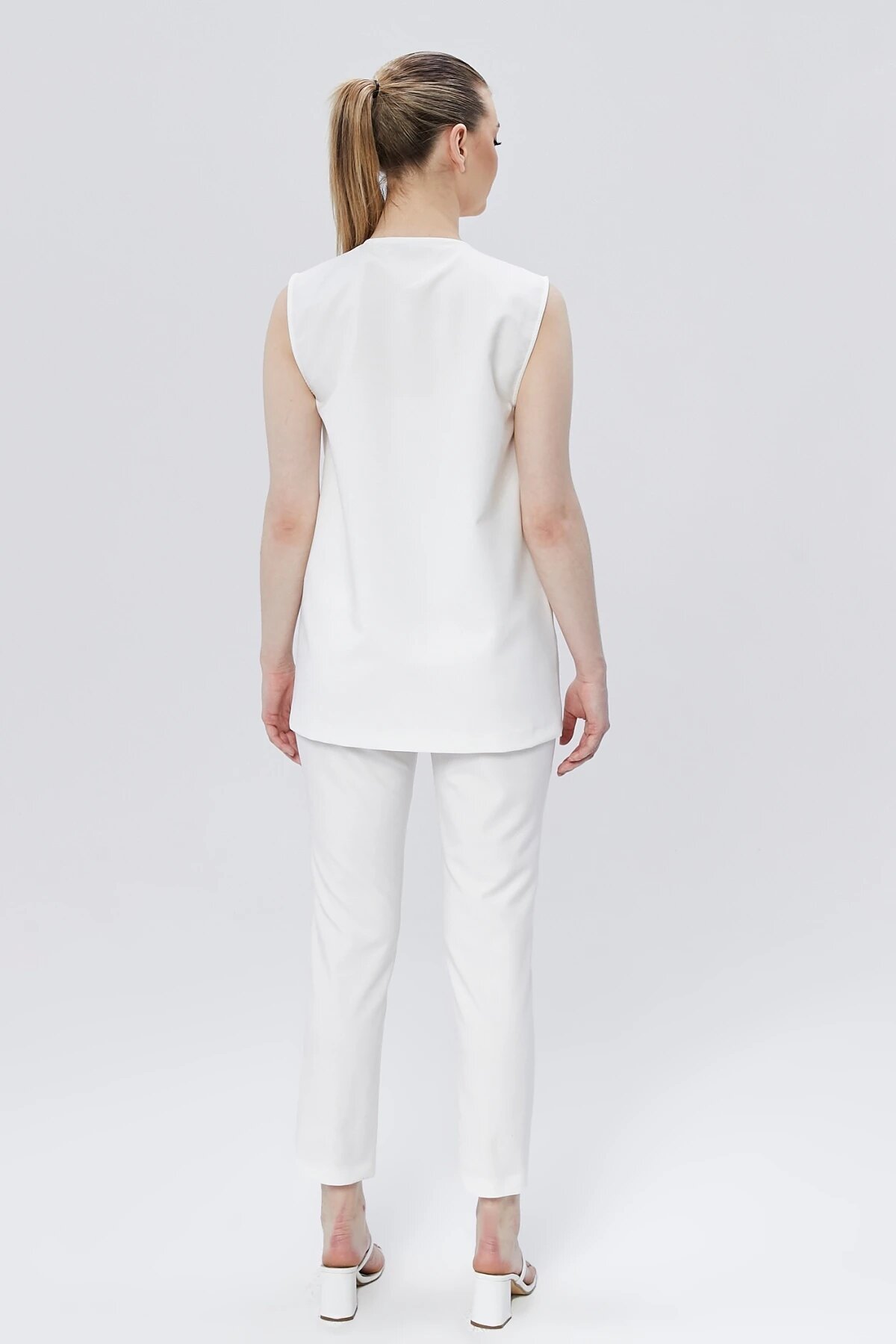 Buckled Belted Vest Pants Two-Piece Set - Ecru - Milamia