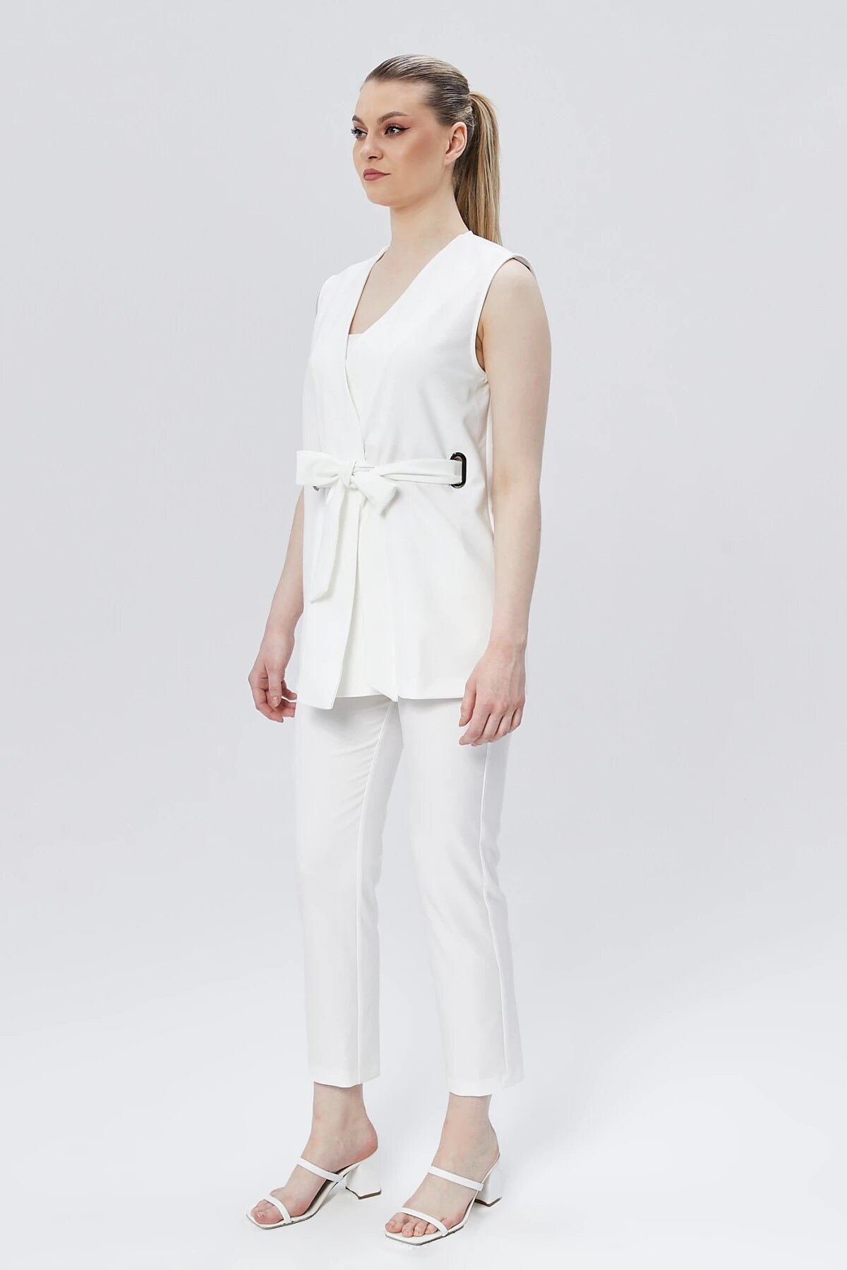 Buckled Belted Vest Pants Two-Piece Set - Ecru - Milamia