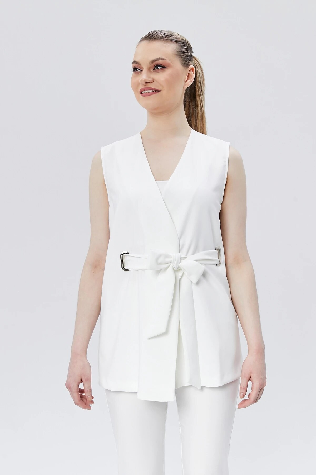 Buckled Belted Vest Pants Two-Piece Set - Ecru - Milamia