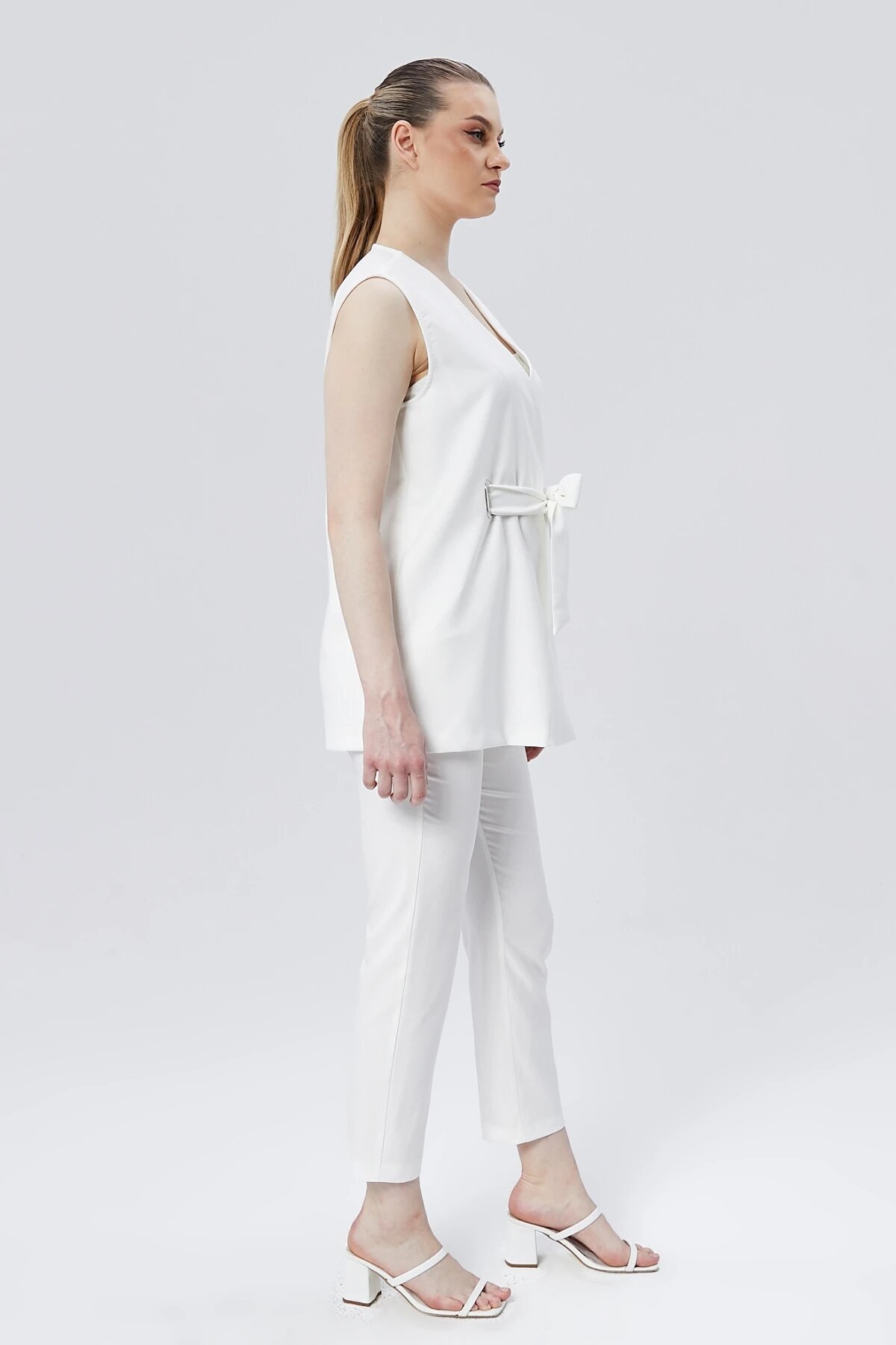 Buckled Belted Vest Pants Two-Piece Set - Ecru - Milamia