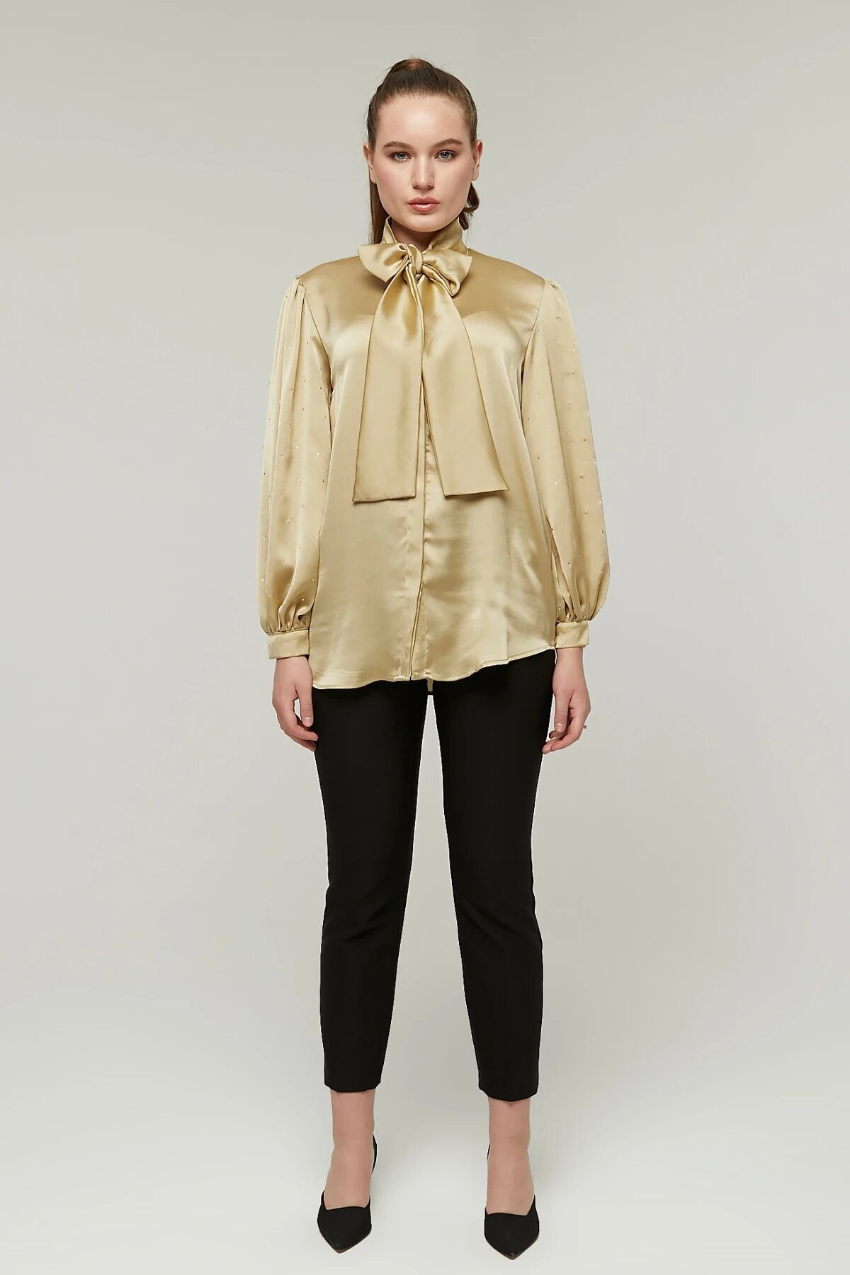 Balloon Sleeve Stone Bow Satin Shirt - Gold - Milamia