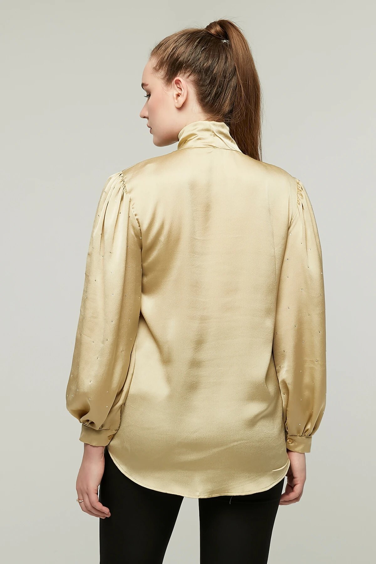 Balloon Sleeve Stone Bow Satin Shirt - Gold - Milamia