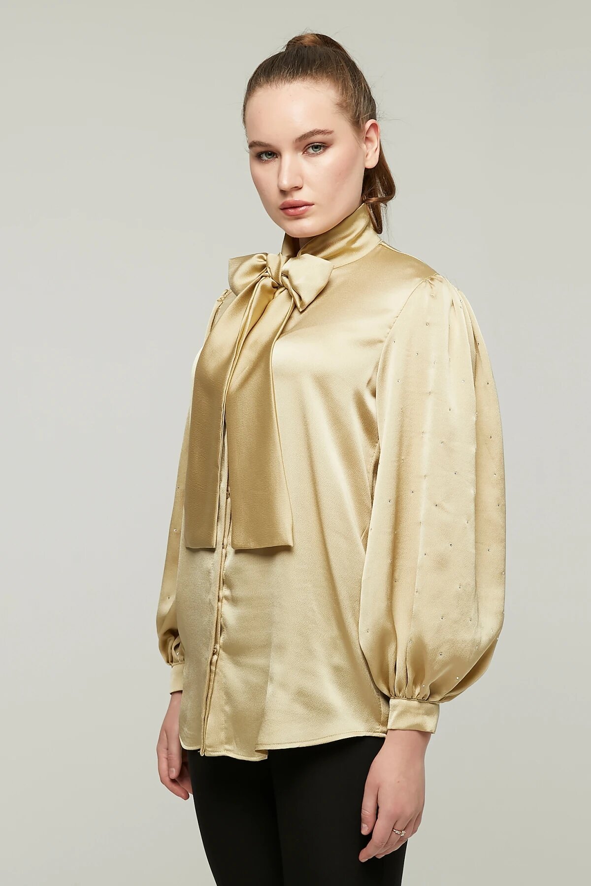 Balloon Sleeve Stone Bow Satin Shirt - Gold - Milamia