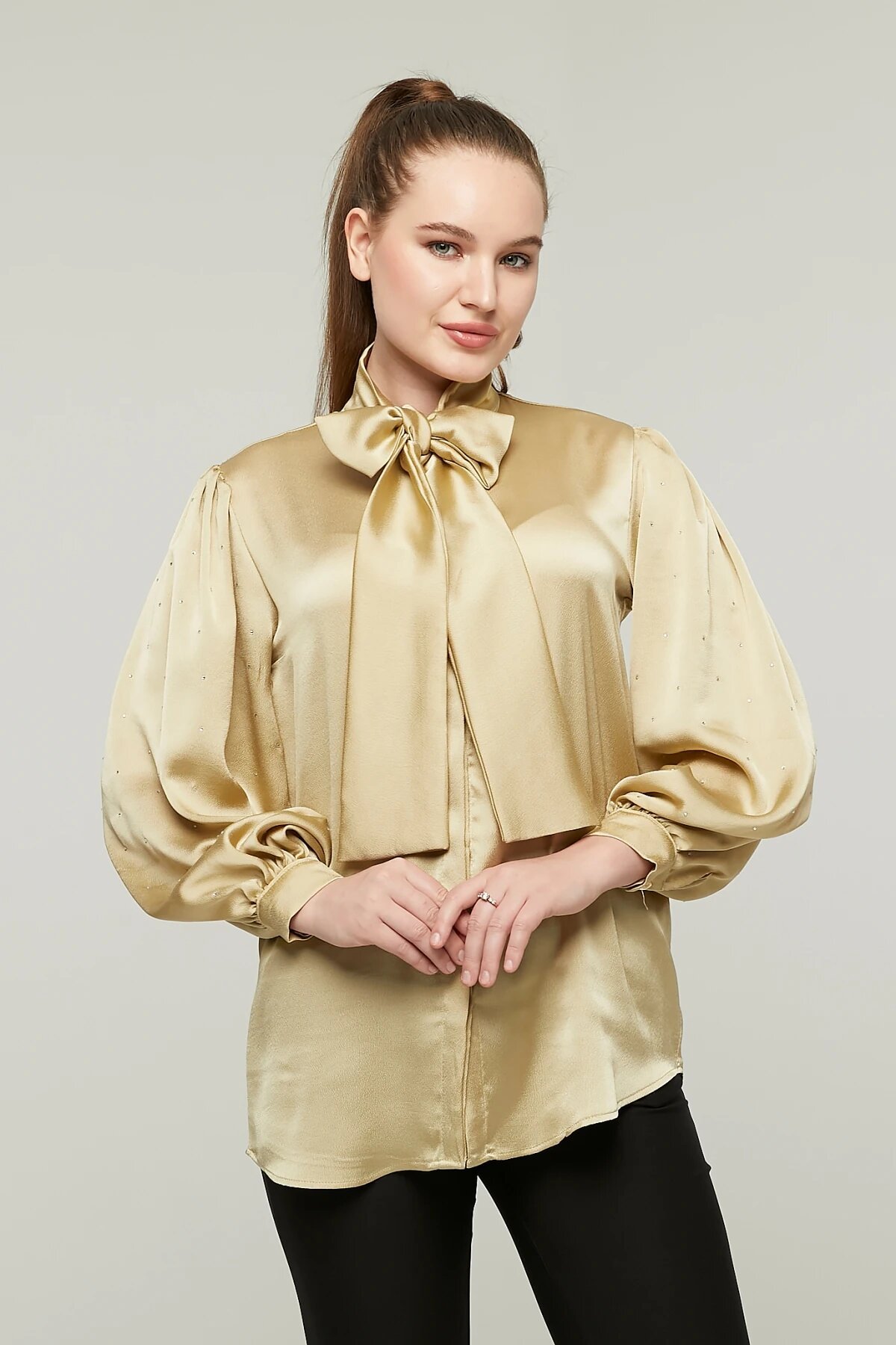 Balloon Sleeve Stone Bow Satin Shirt - Gold - Milamia