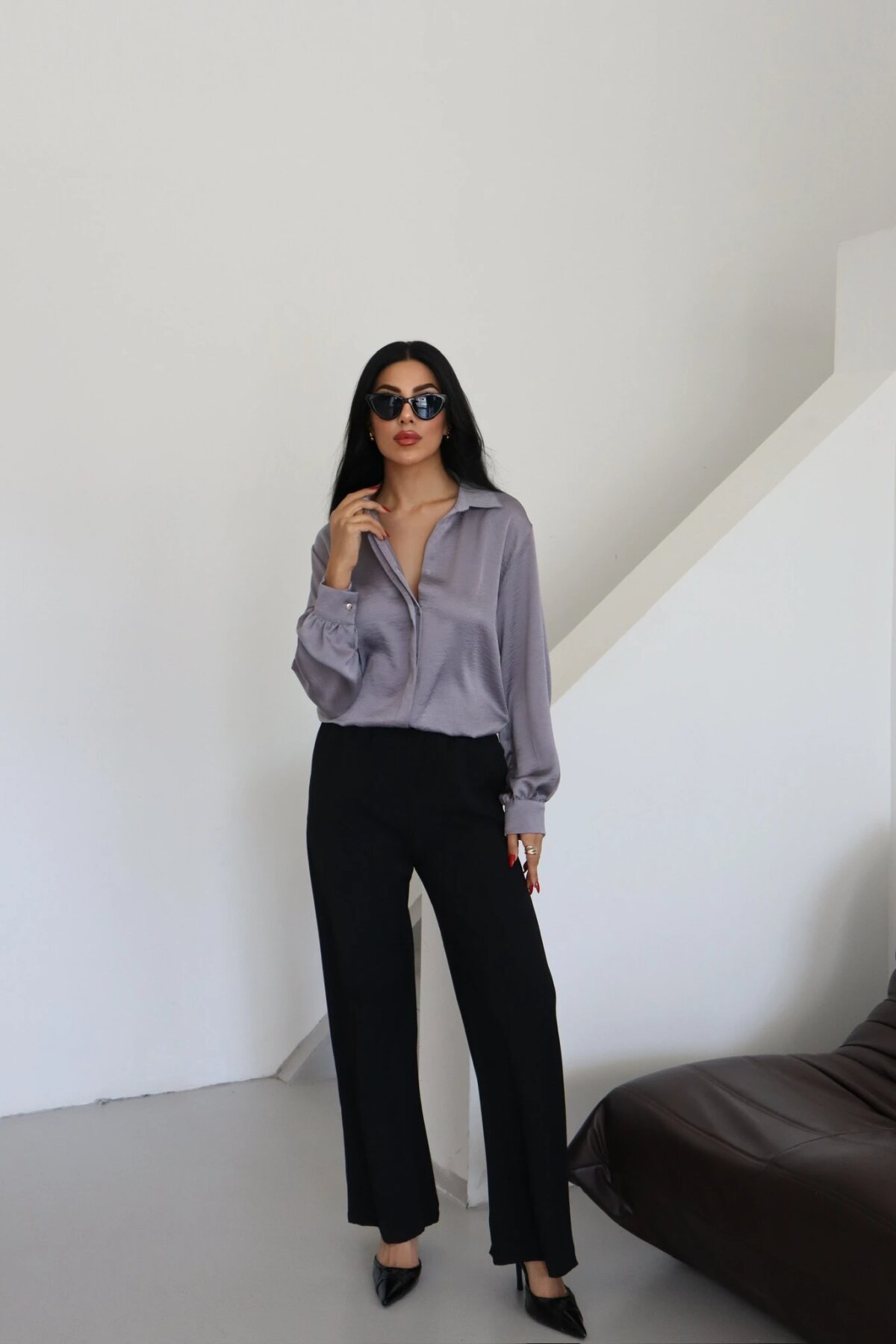Classic Plain Satin Collar Shirt - Grey - Milamia
