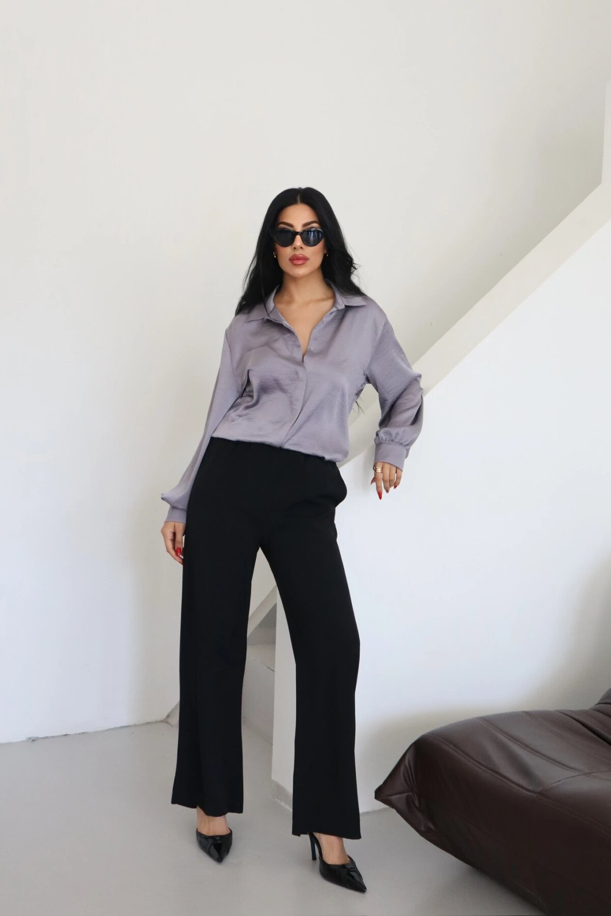 Classic Plain Satin Collar Shirt - Grey - Milamia