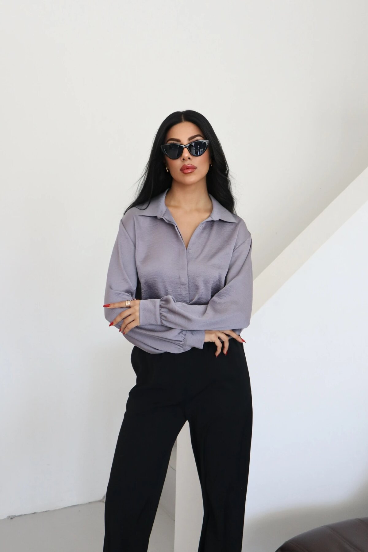 Classic Plain Satin Collar Shirt - Grey - Milamia