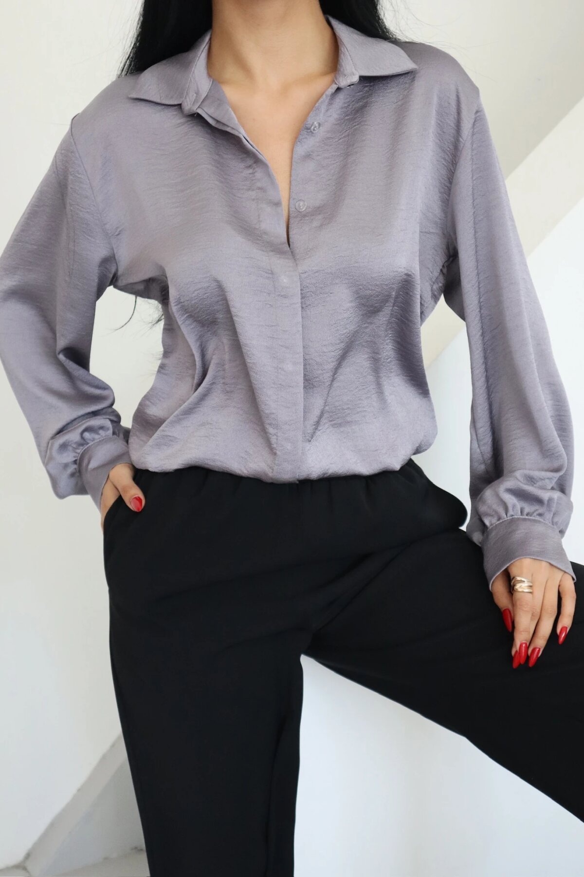 Classic Plain Satin Collar Shirt - Grey - Milamia