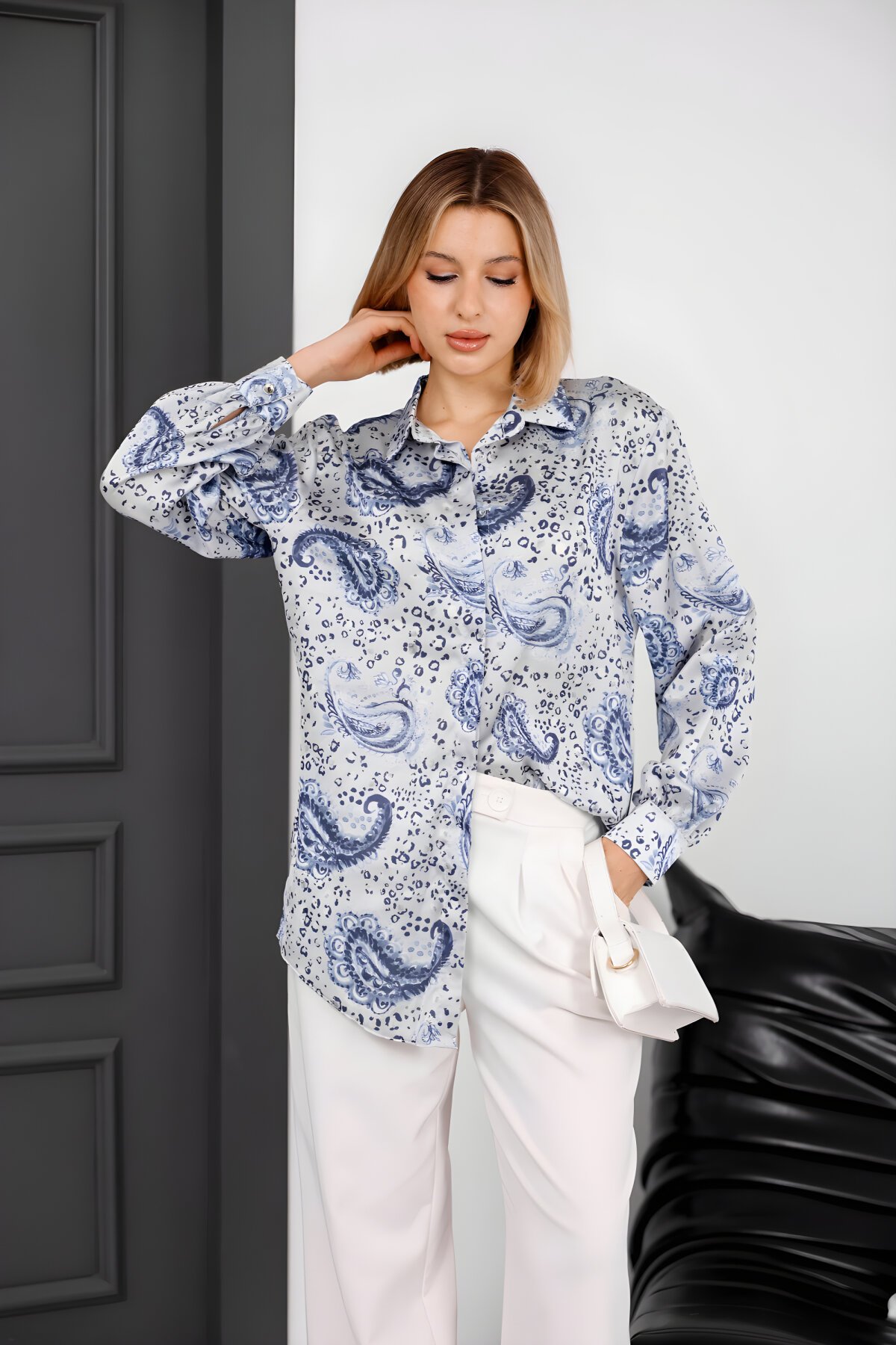 Digital Print Satin Shirt - Indigo - Milamia
