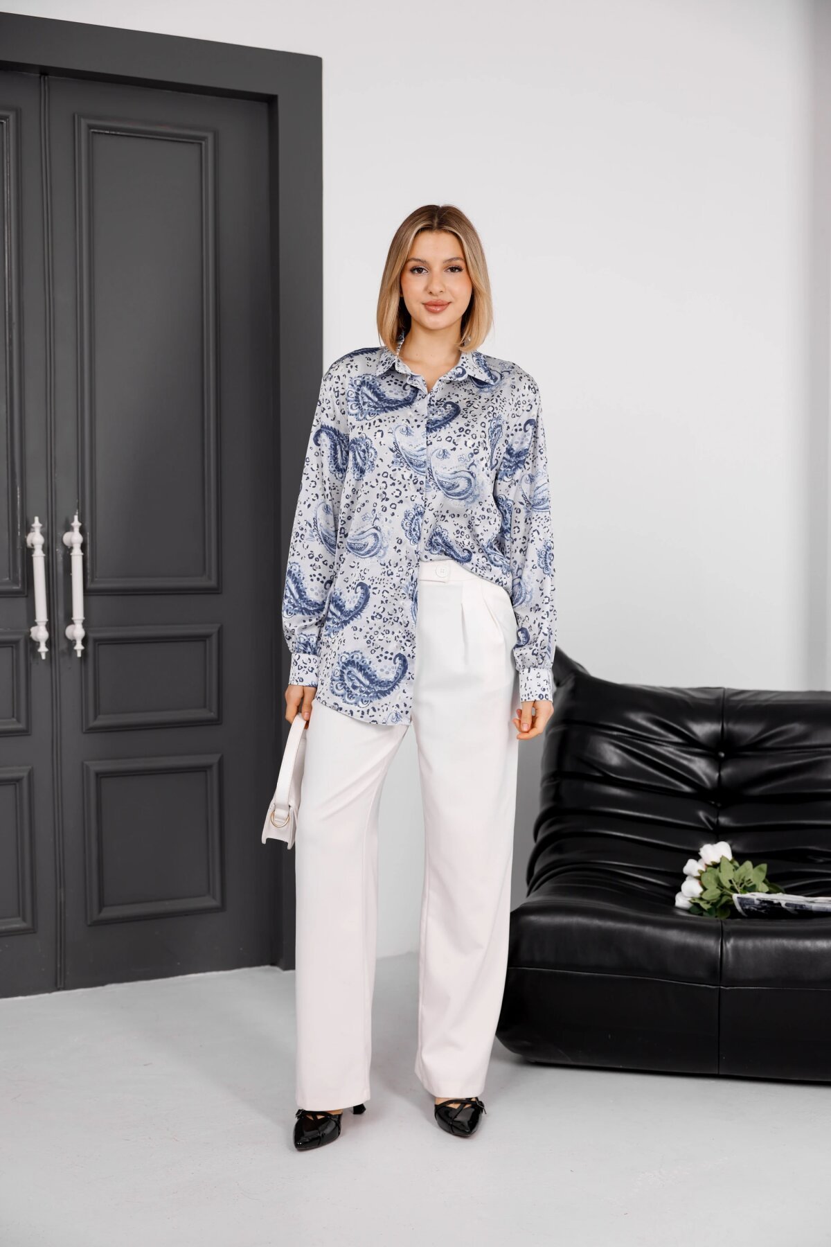 Digital Print Satin Shirt - Indigo - Milamia