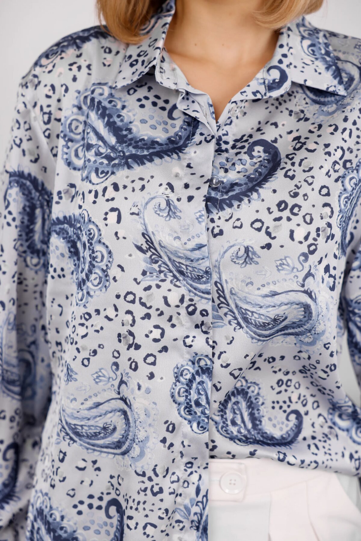 Digital Print Satin Shirt - Indigo - Milamia