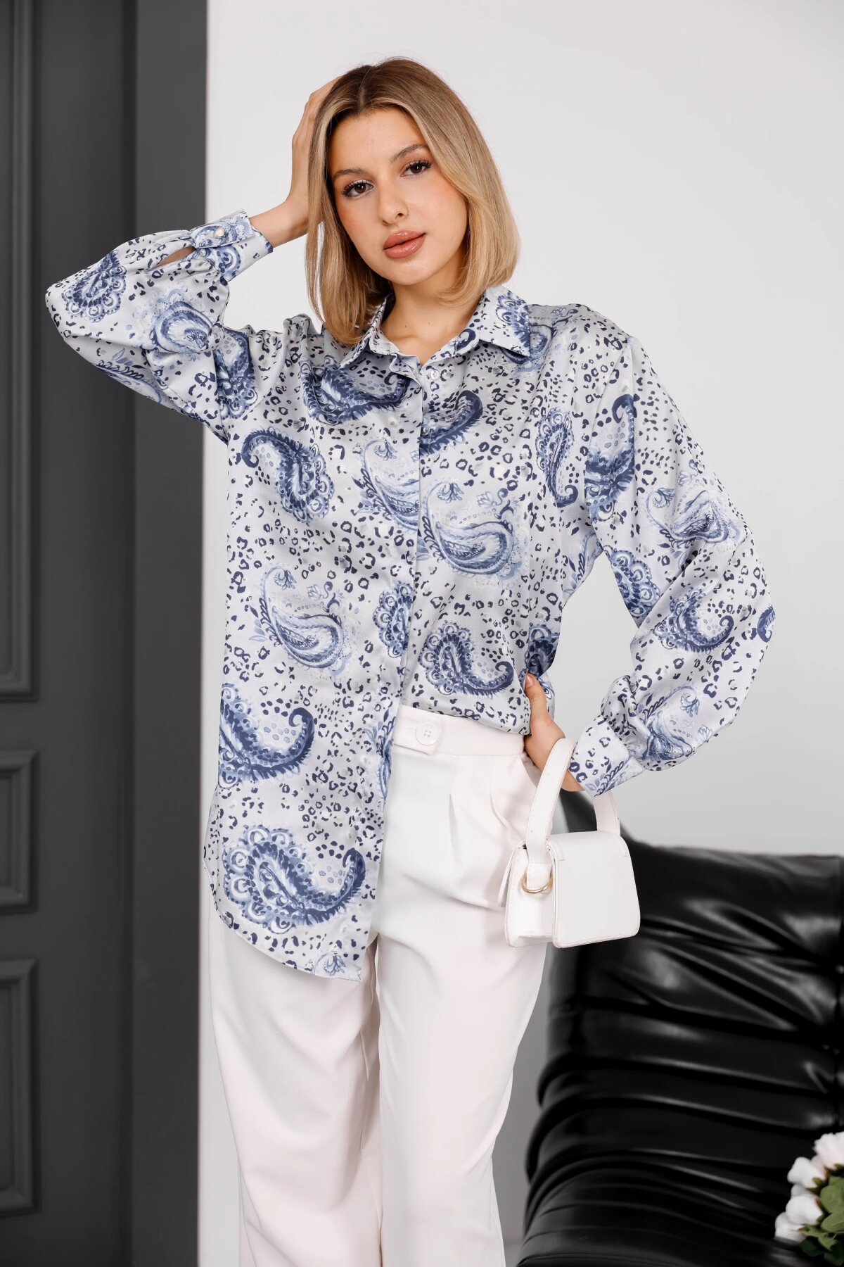 Digital Print Satin Shirt - Indigo - Milamia