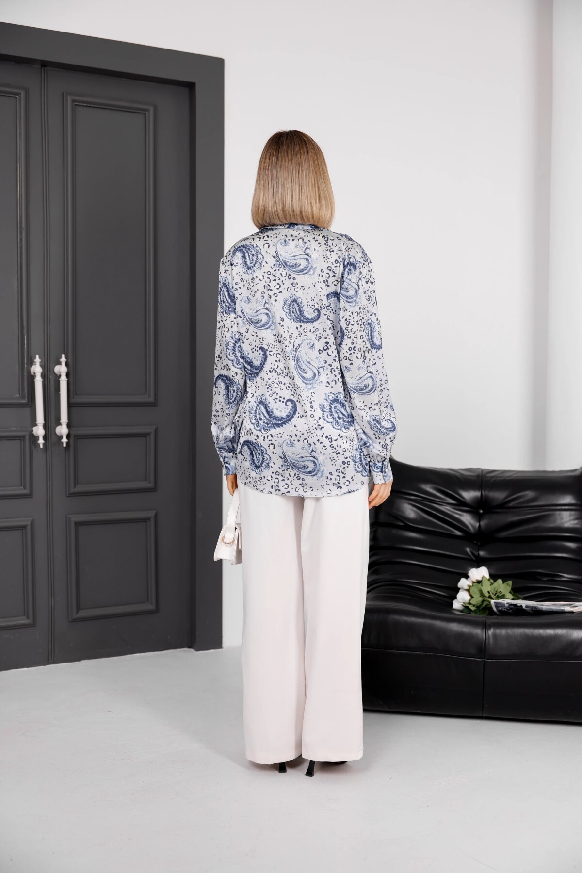 Digital Print Satin Shirt - Indigo - Milamia