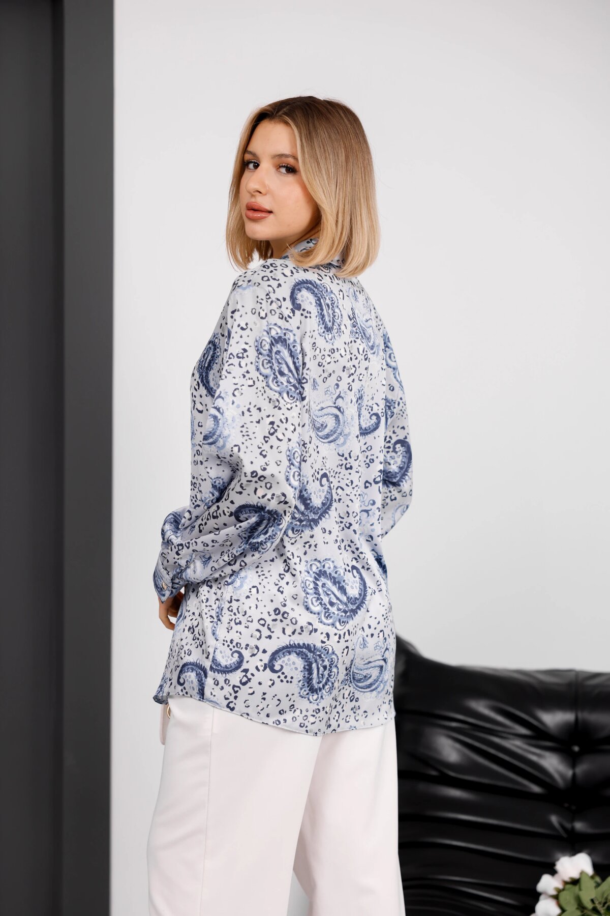 Digital Print Satin Shirt - Indigo - Milamia