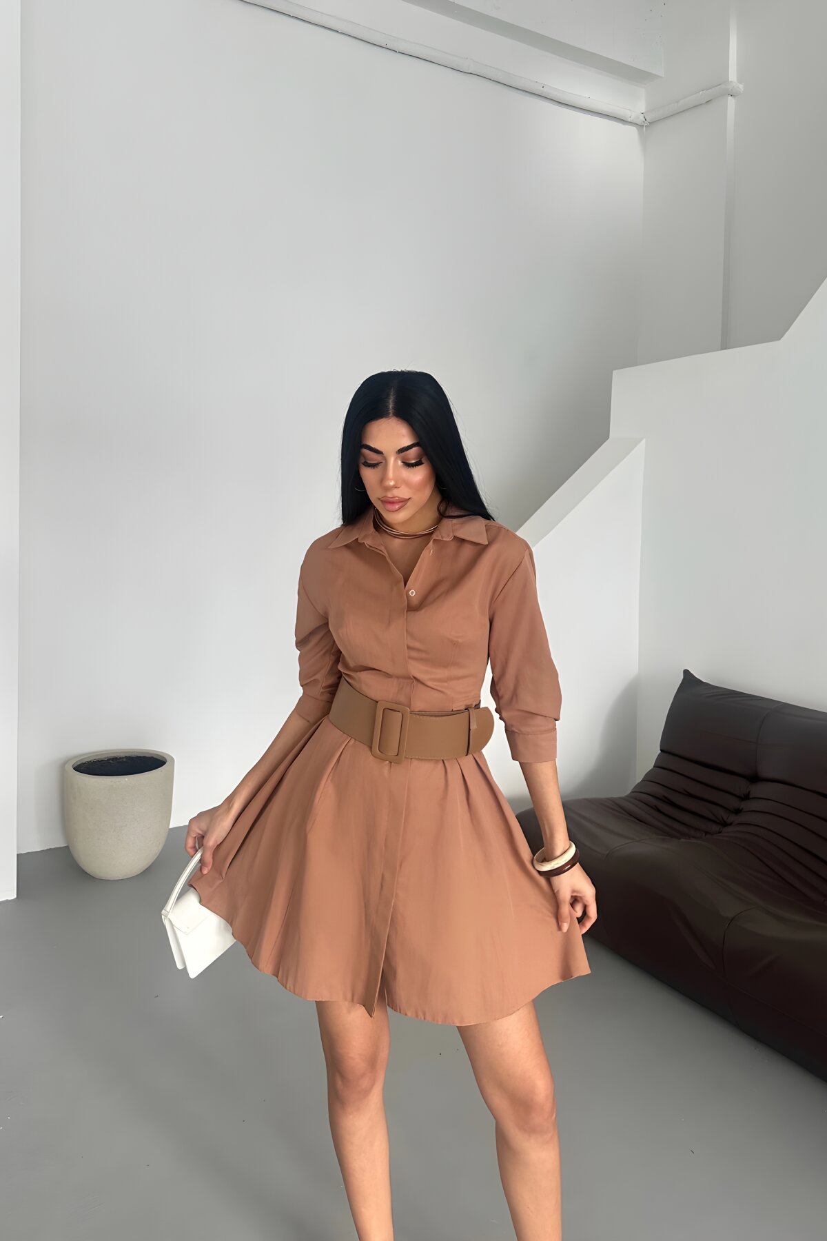 Mini Belted Half-Sleeve Dress - Brown - Milamia