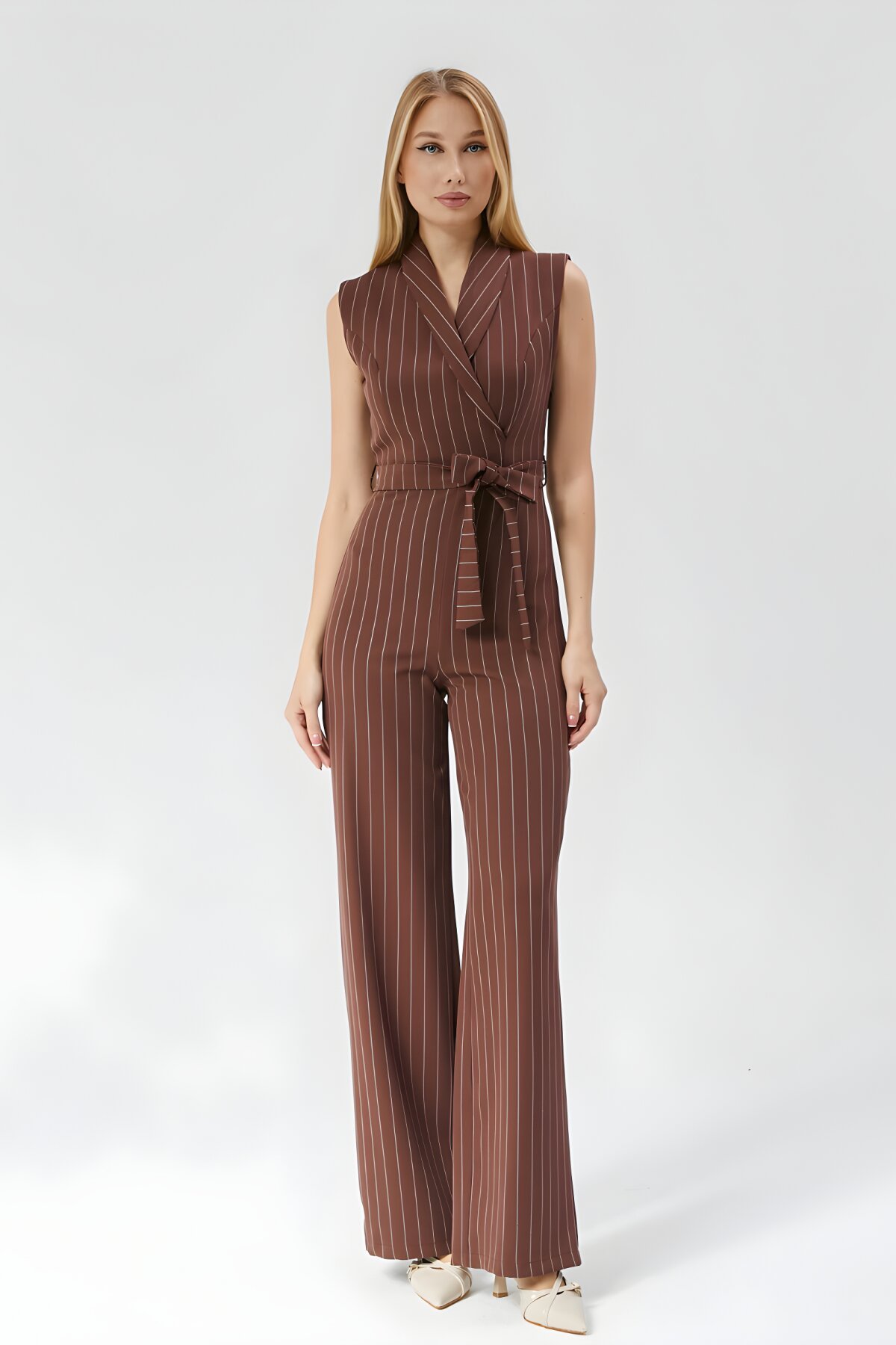 Striped Belted Jumpsuit - Brown - Milamia