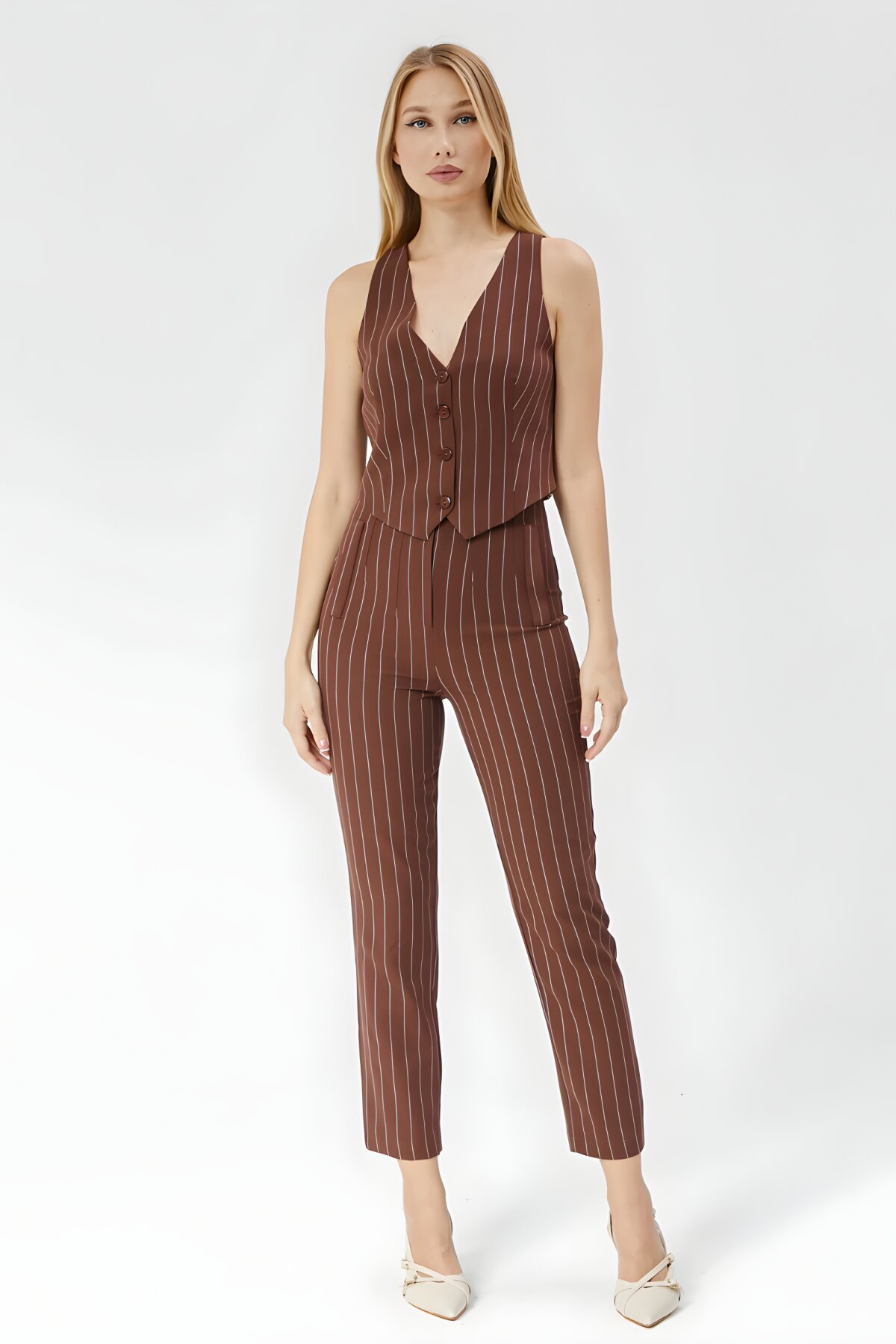 Ankle-Length High-Waist Striped Pants - Brown - Milamia