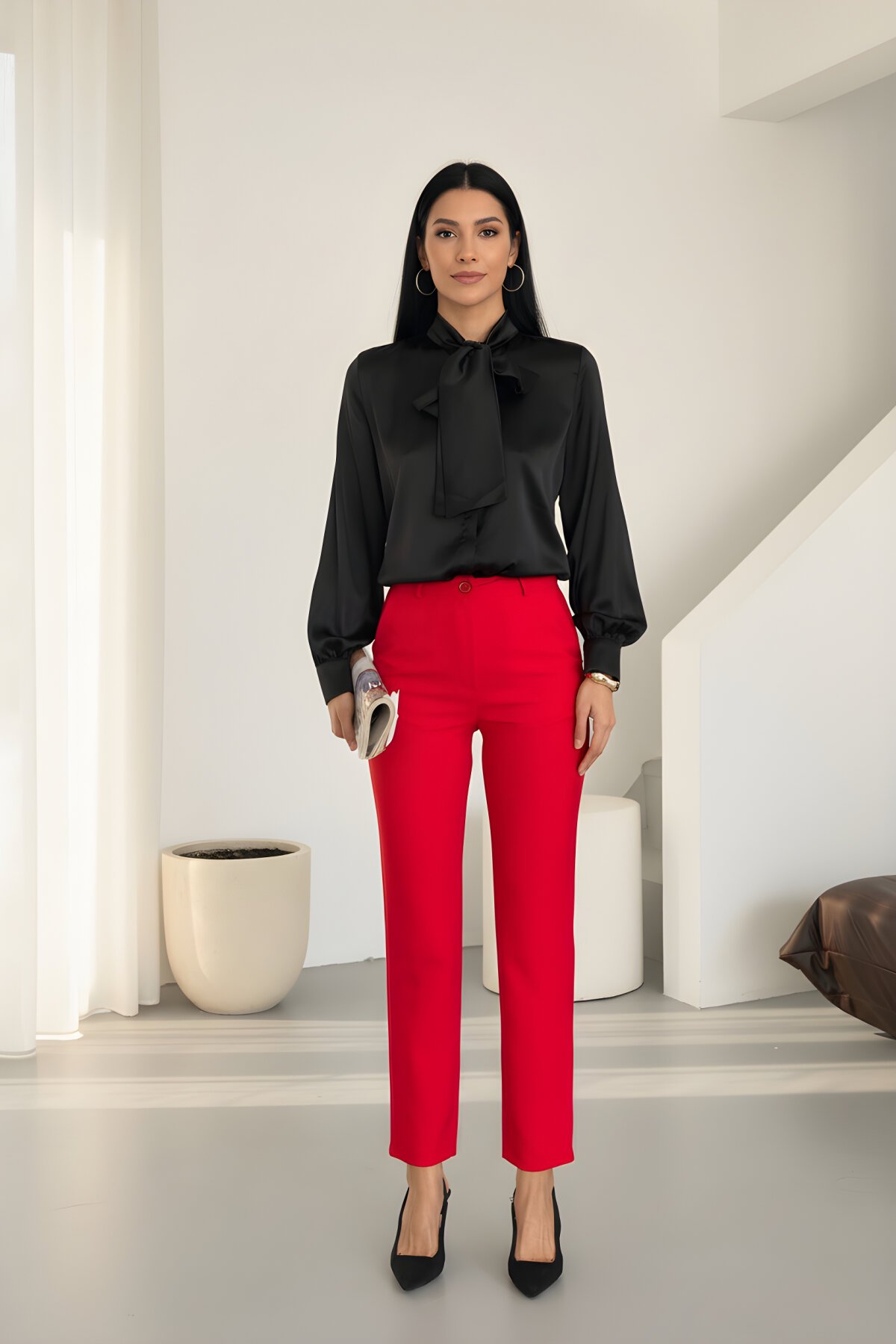 بنطلون جزر أحمر بقصة ضيقة طول الكاحل - Milamia